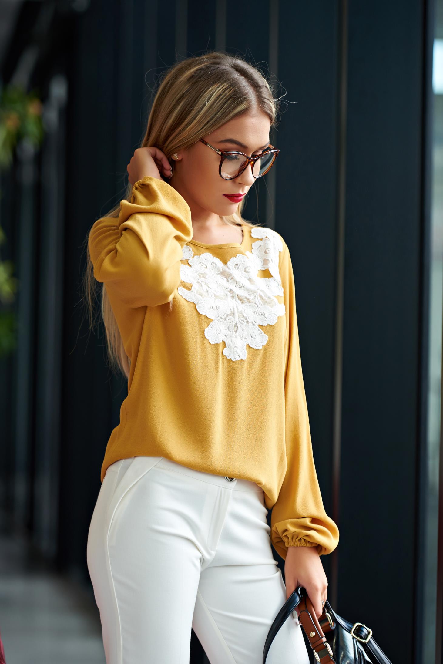 Flared Embroidered Yellow Office Women`s Blouse