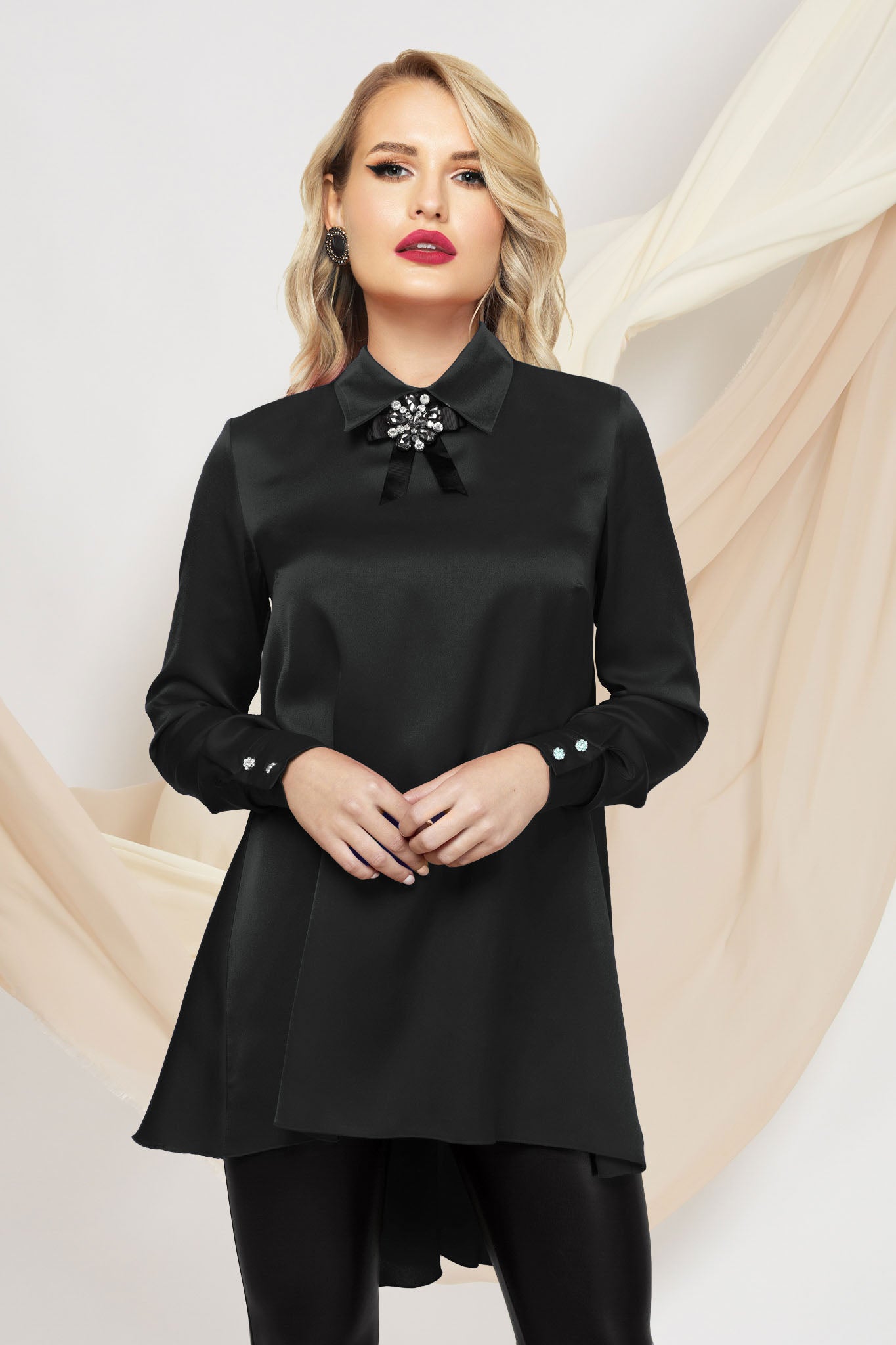Asymmetrical Black Blouse with Detachable Brooch