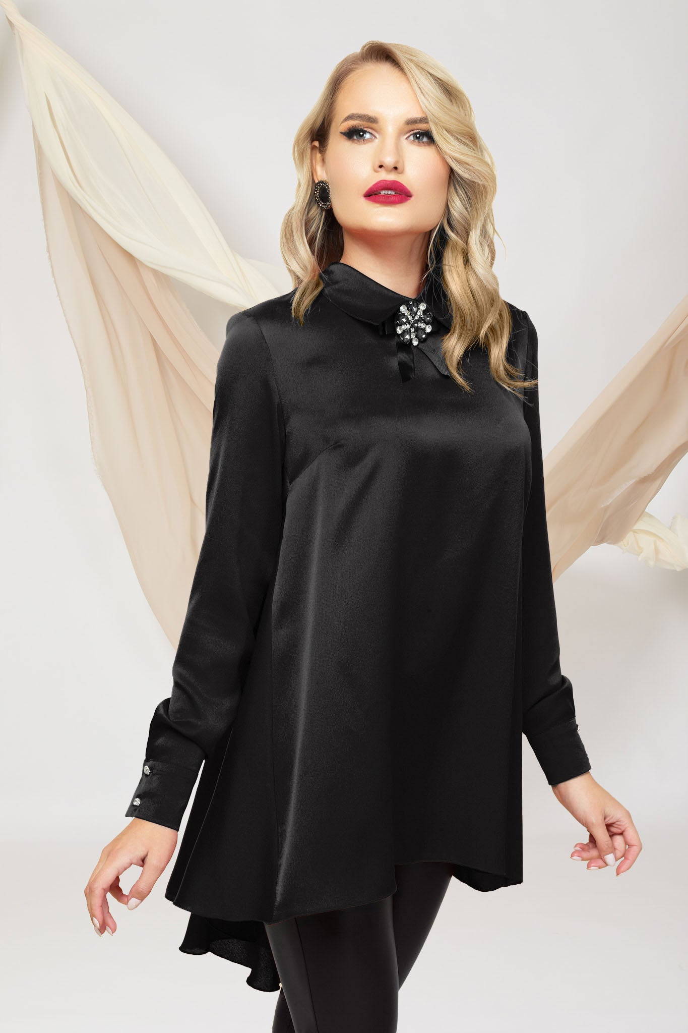 Asymmetrical Black Blouse with Detachable Brooch