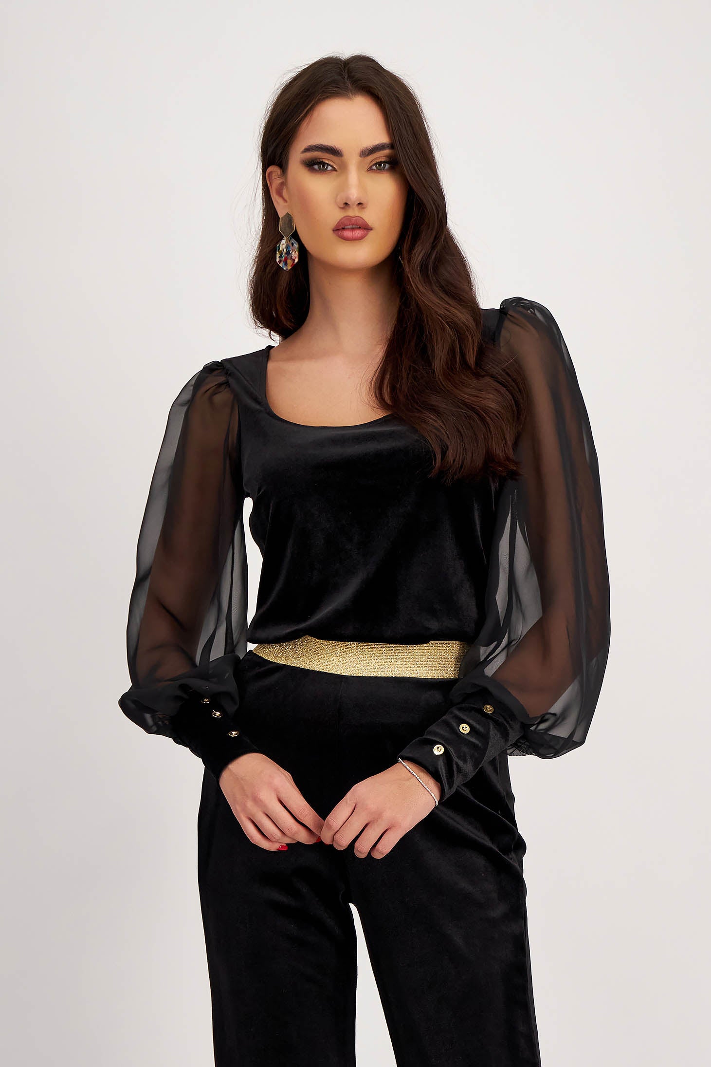 Women’s Black Velvet Blouse With Puff Sleeves And Deep Neckline