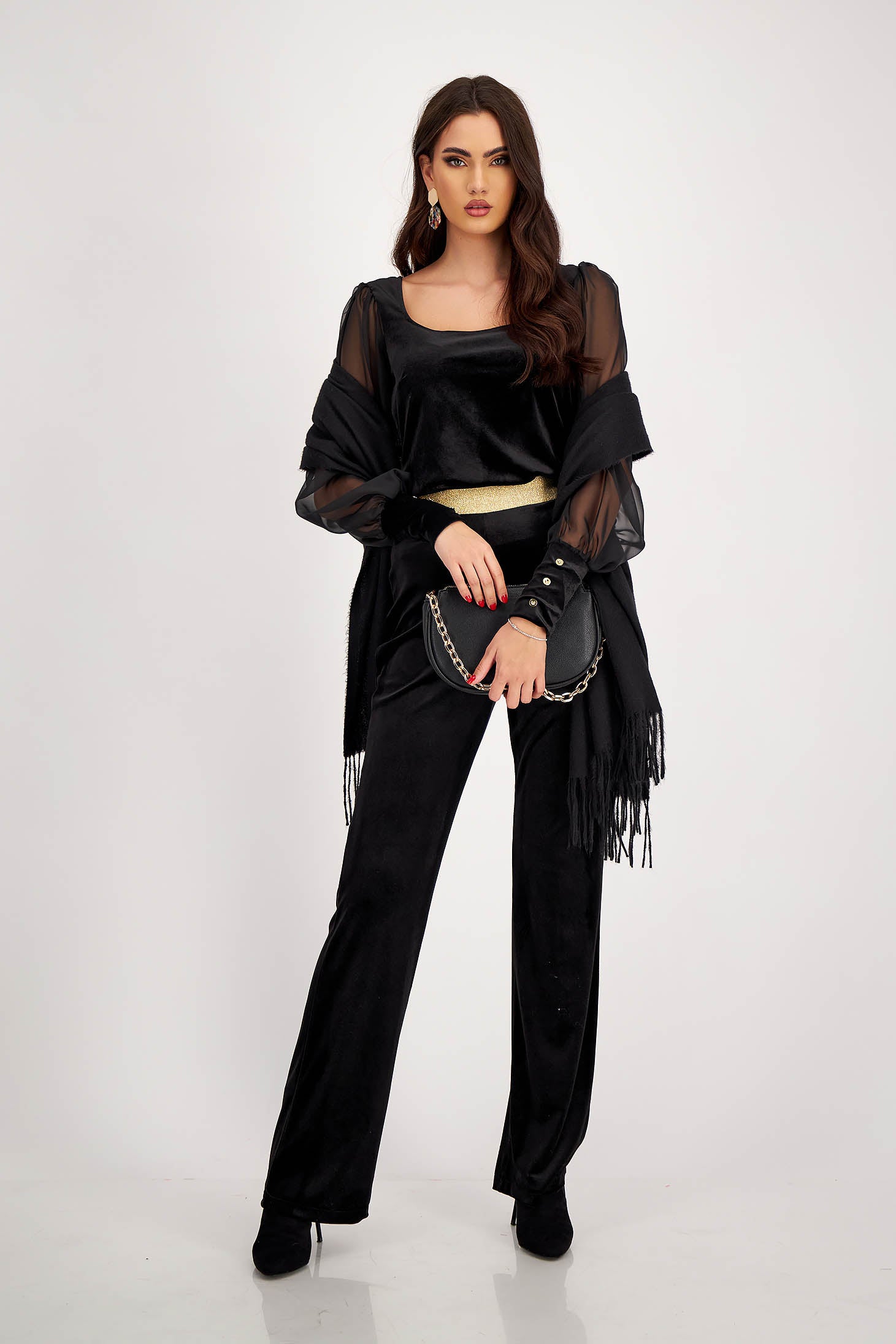 Women’s Black Velvet Blouse With Puff Sleeves And Deep Neckline