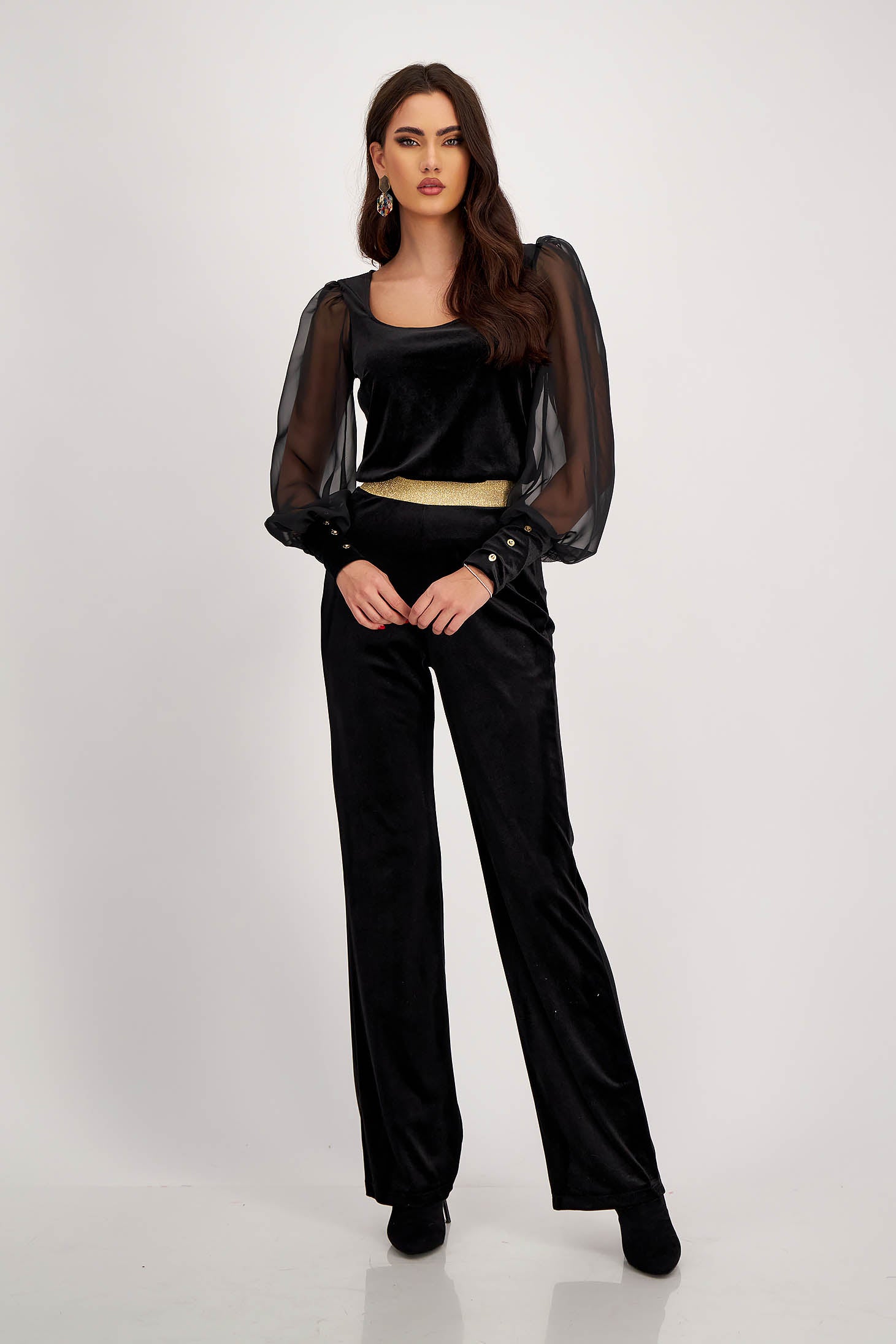 Women’s Black Velvet Blouse With Puff Sleeves And Deep Neckline