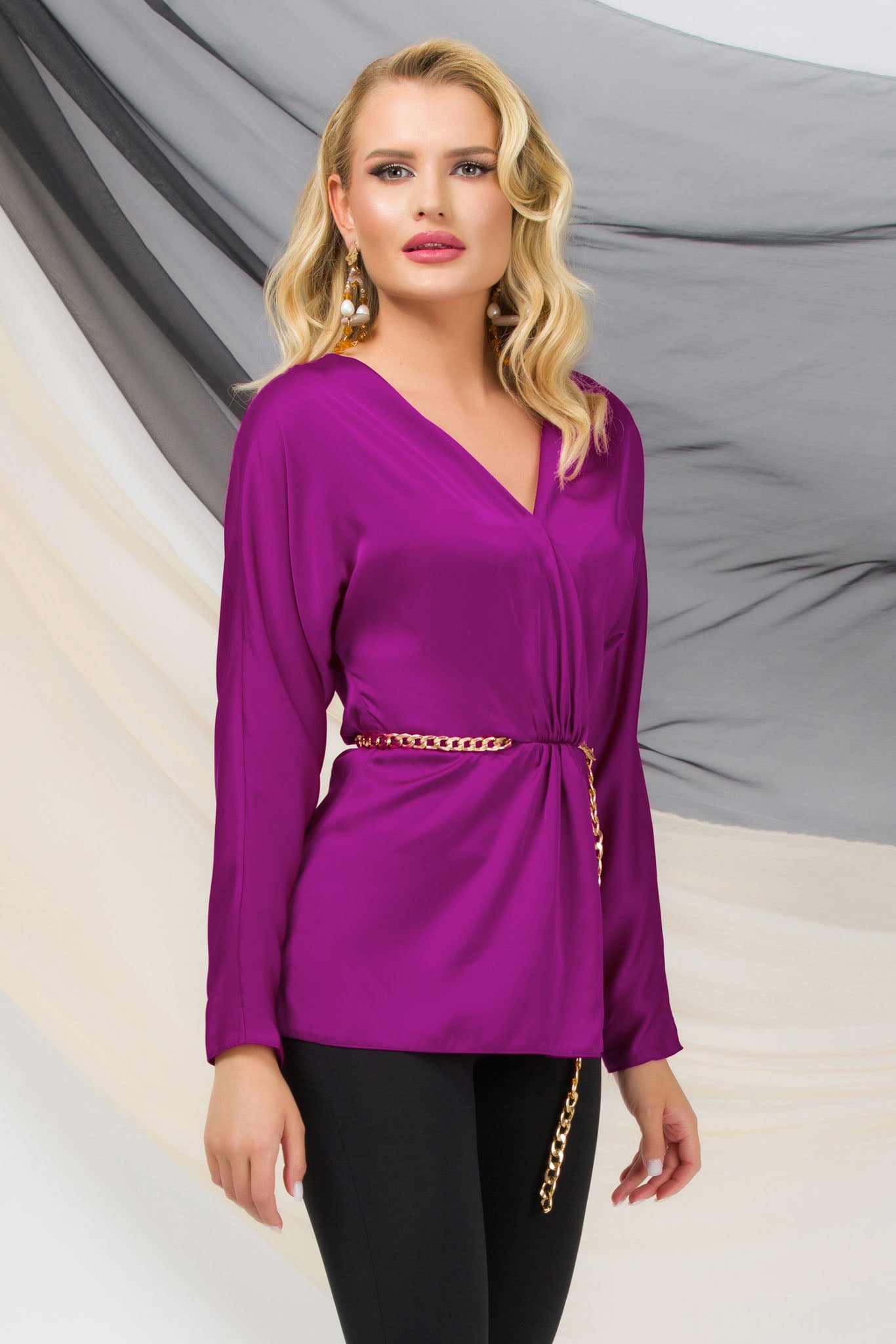 Purple Party Long Sleeve Peplum Blouse