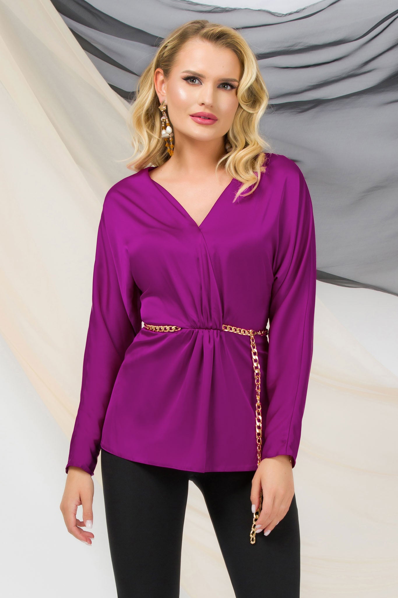 Purple Party Long Sleeve Peplum Blouse