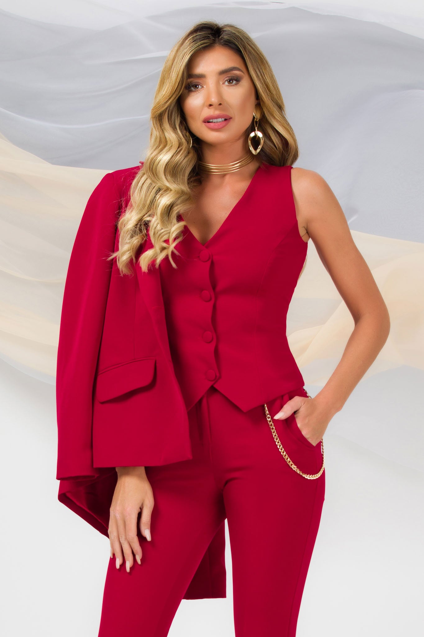 Red Cambered V-Neck Office Vest