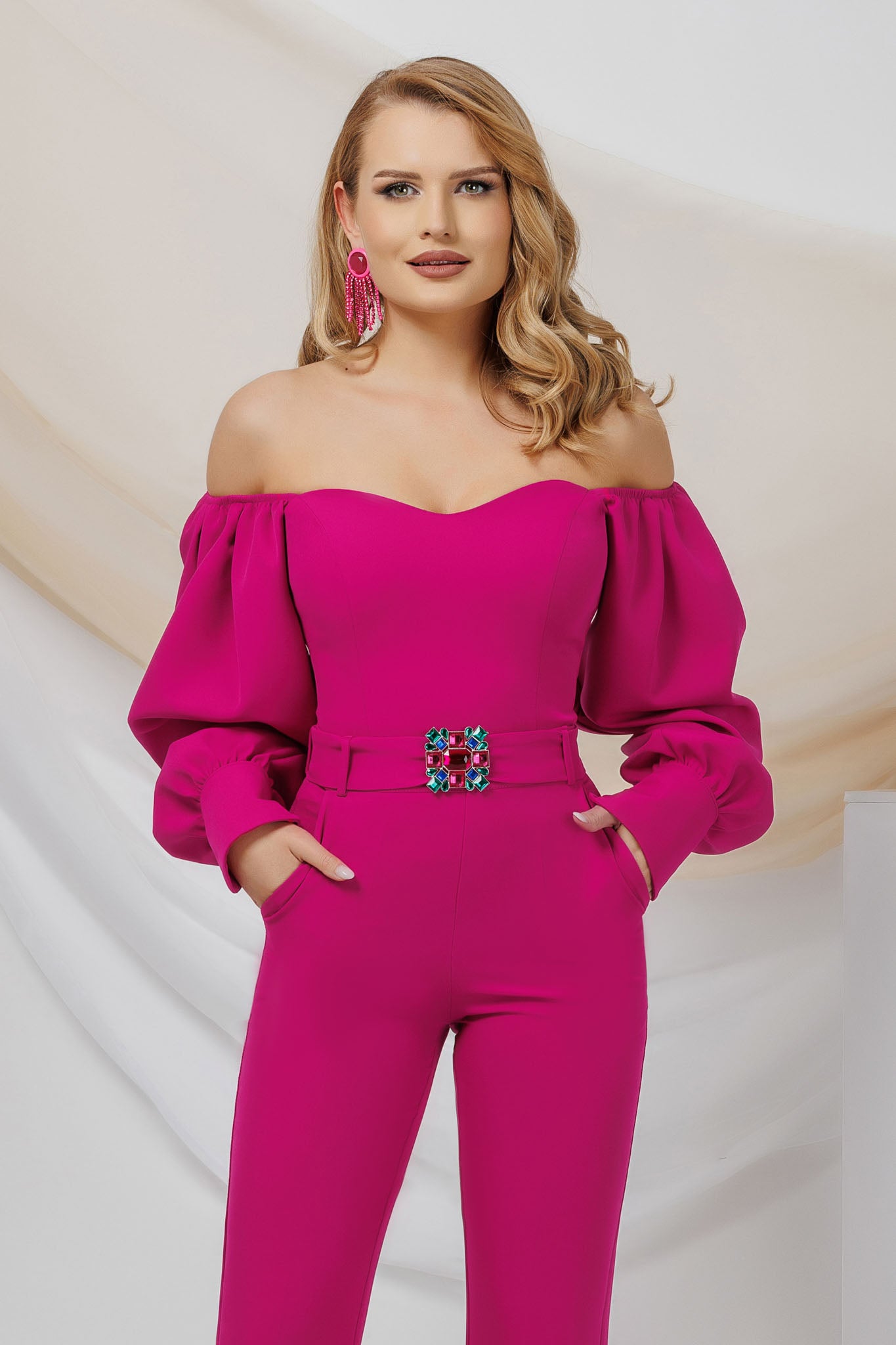 High Waist Detachable Drawstring Fuchsia Pants with Colorful Crystals Accessory