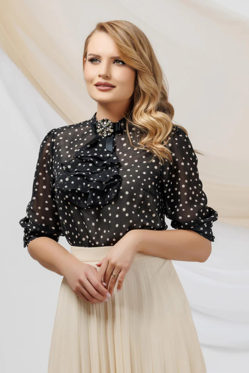 Jabou Printed Veil Blouse With Detachable Brooch