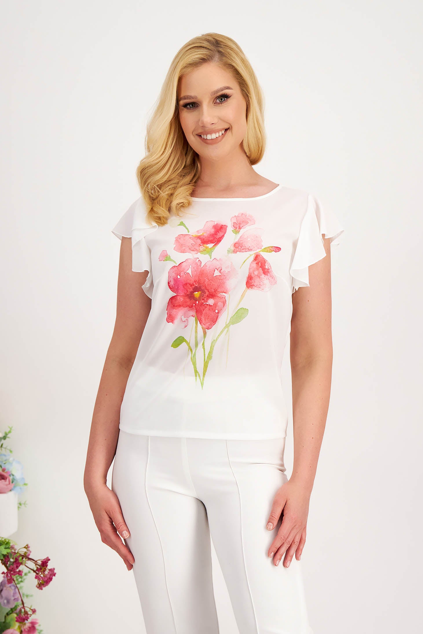 Women’s Voile Blouse With Wide Cut And Ruffles On The Sleeve With Digital Print
