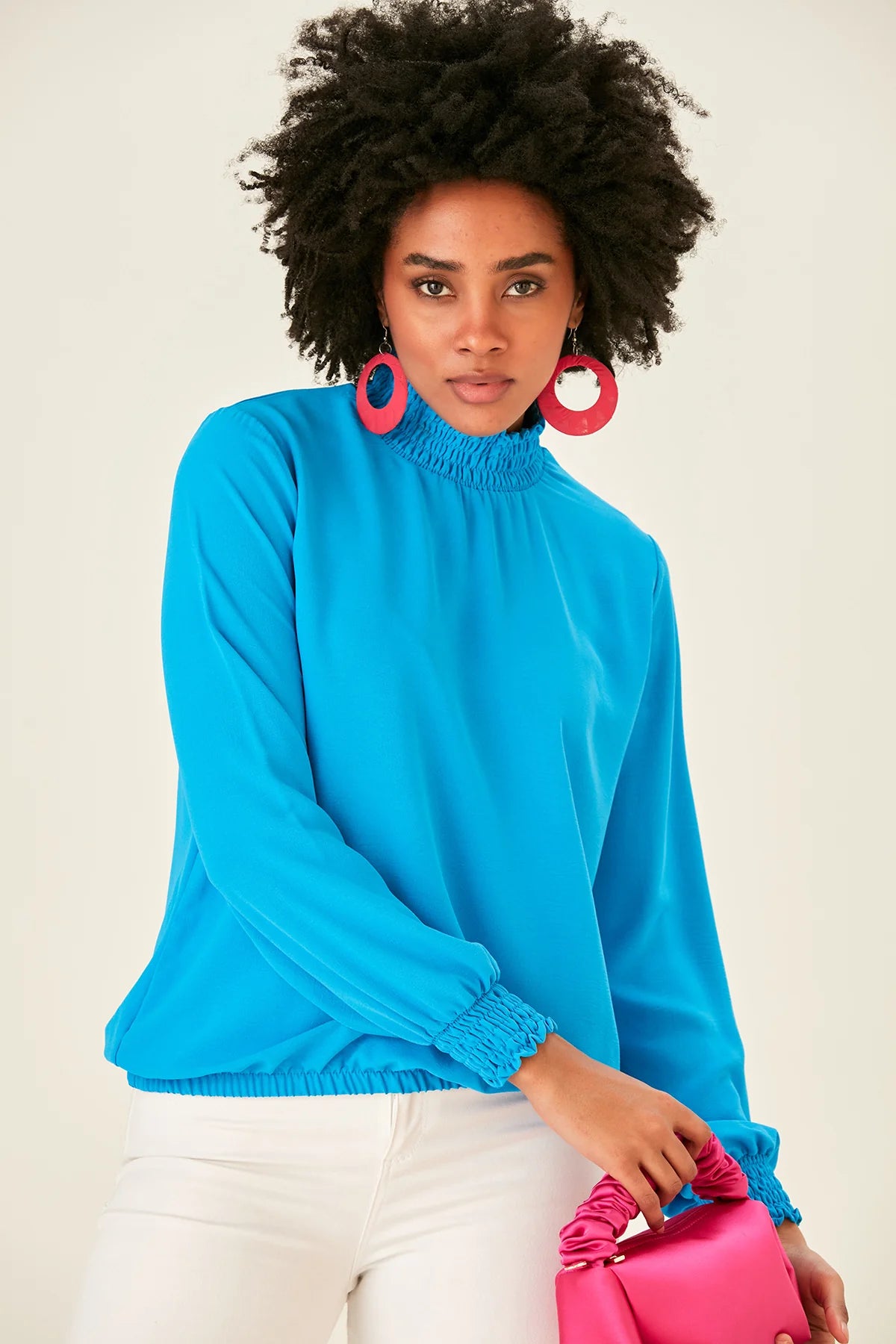 Blue Blouse With Long Sleeves And Turtle Neck