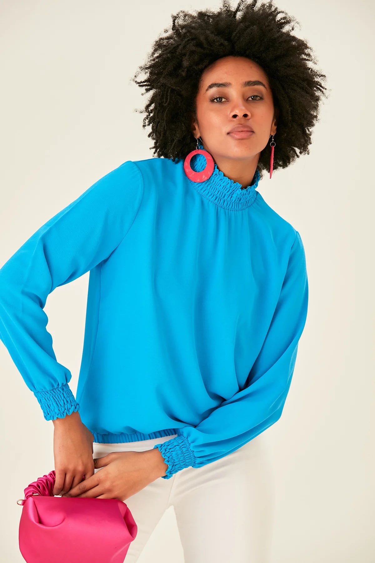Blue Blouse With Long Sleeves And Turtle Neck