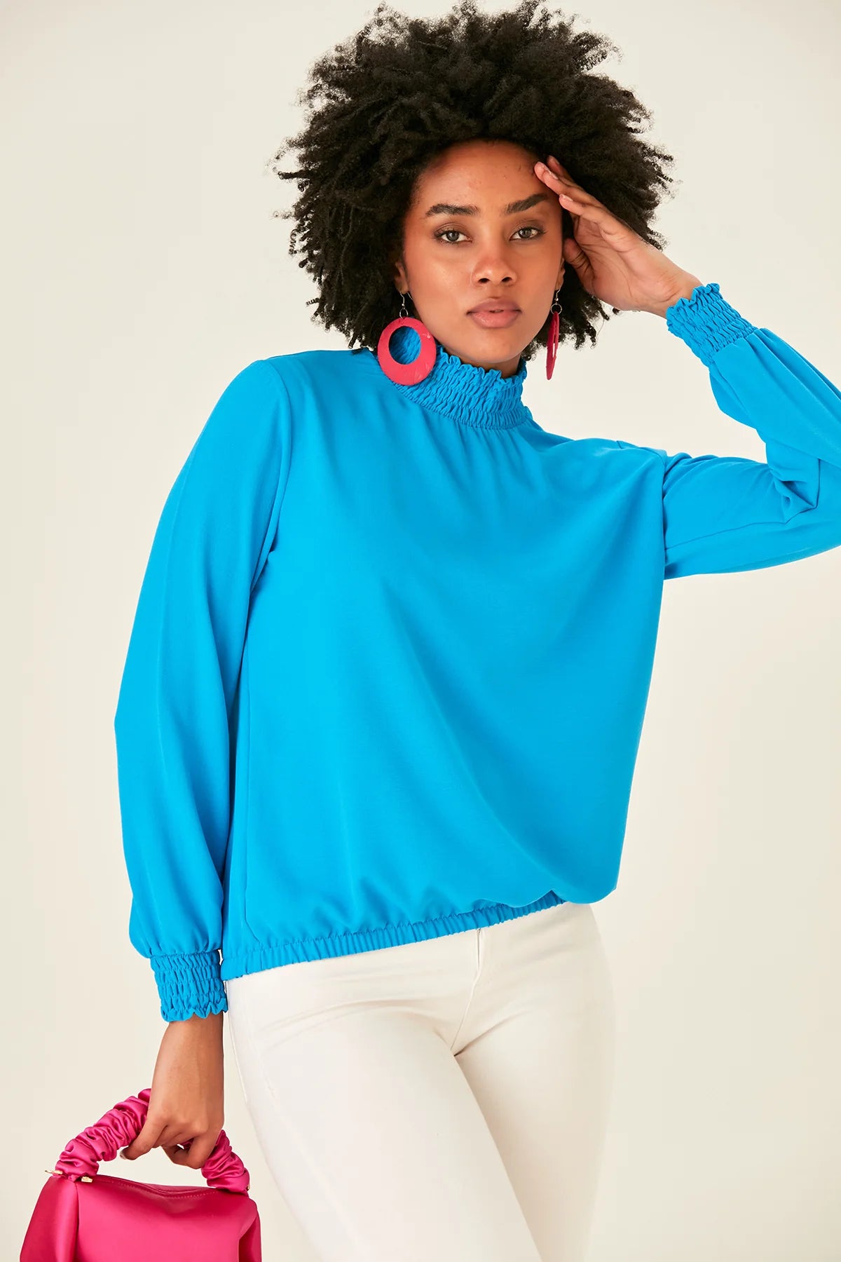 Blue Blouse With Long Sleeves And Turtle Neck