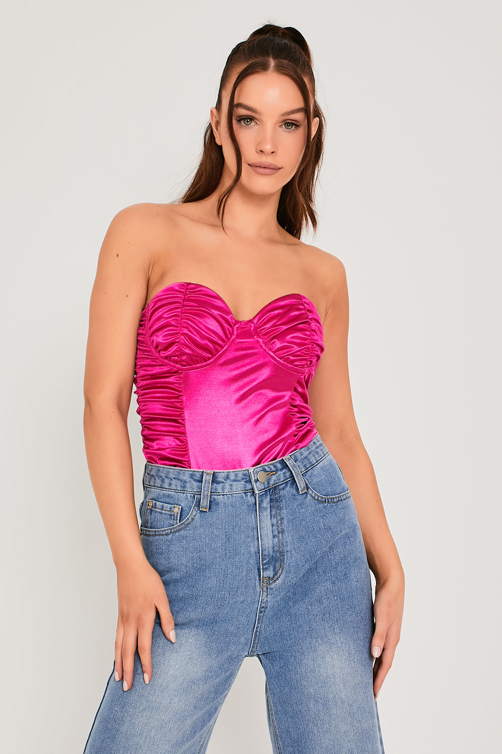 Fuchsia bodysuit Stretch Satin Ruched