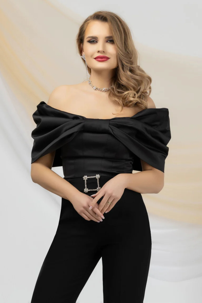 Black Corset Blouse With Oversized Bow Sleeves