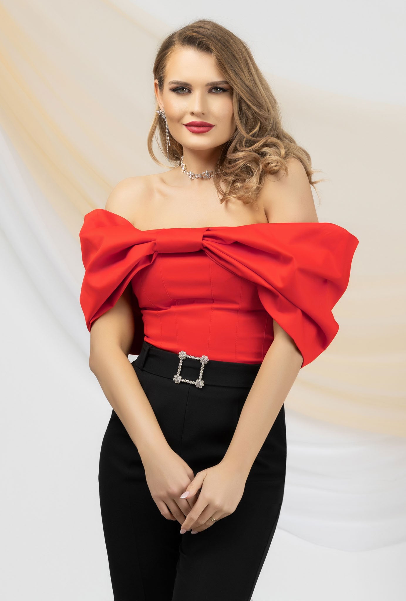 Red Corset Blouse With Oversized Bow Sleeves