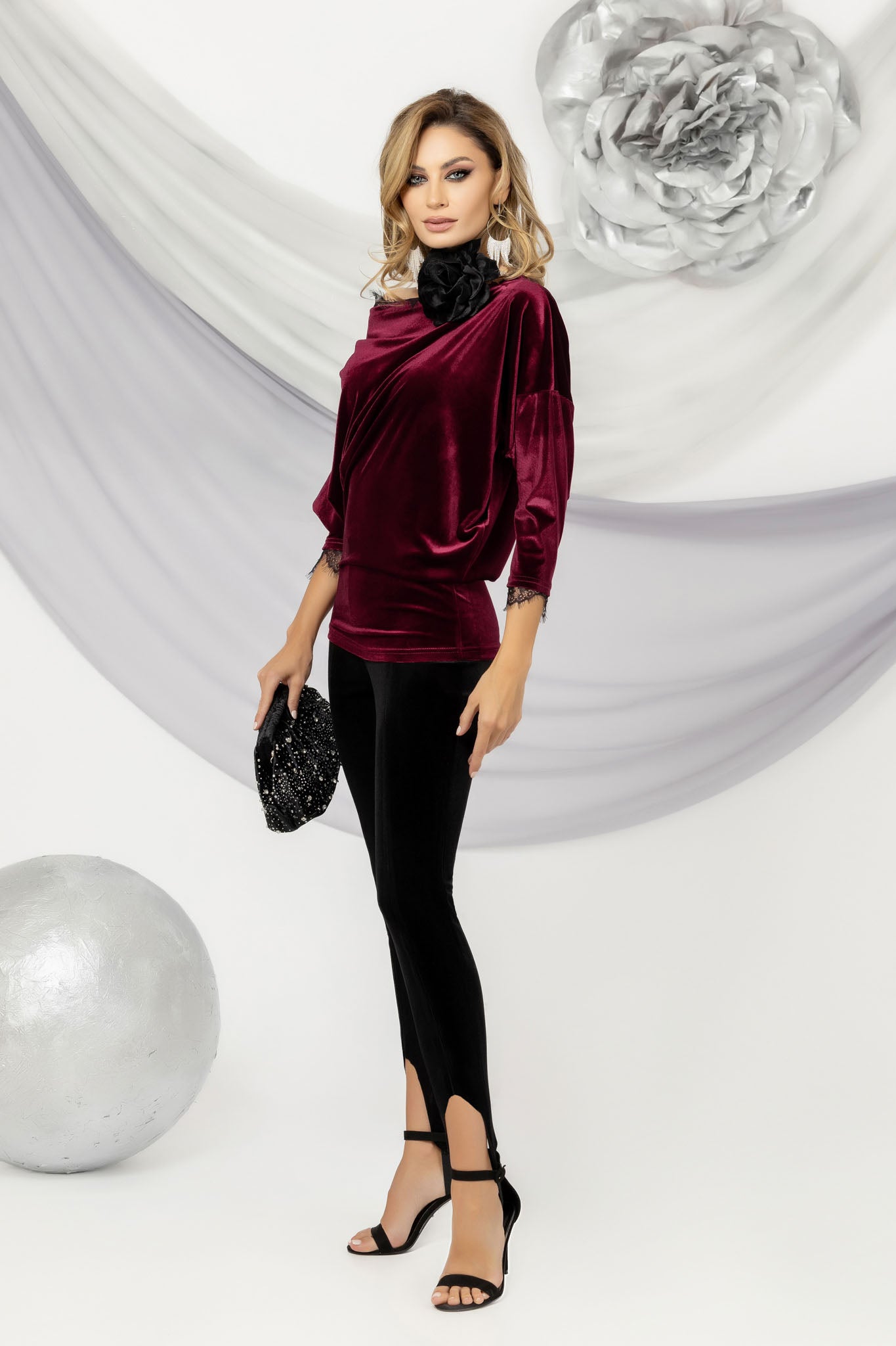 Burgundy Asymmetric Velvet Lace Blouse
