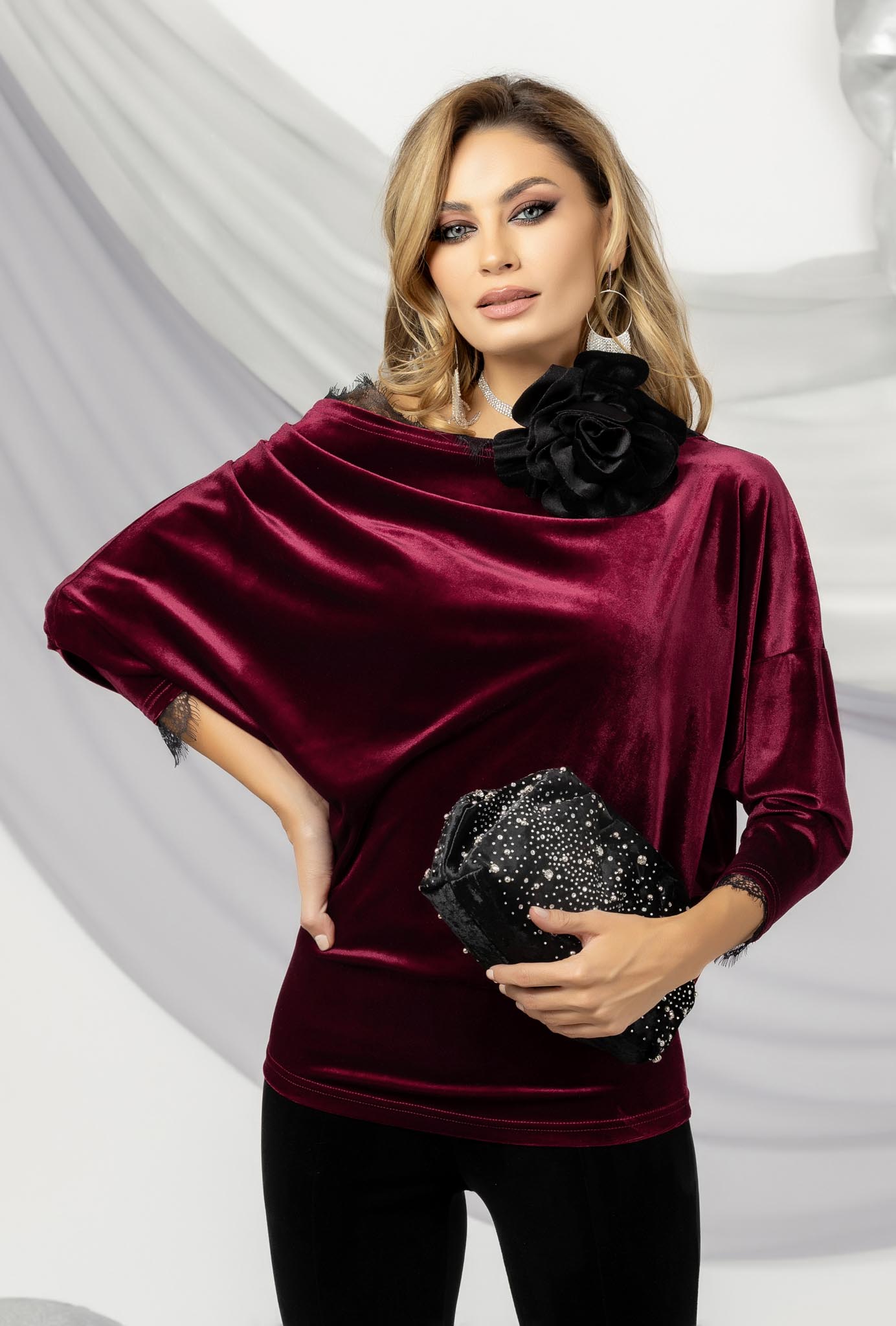 Burgundy Asymmetric Velvet Lace Blouse