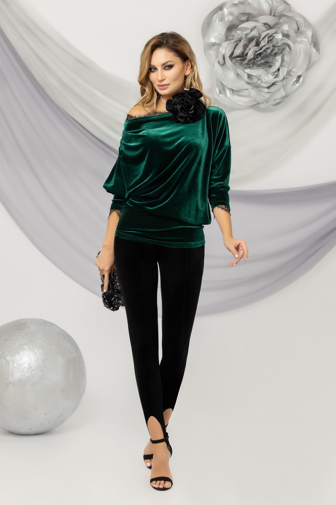 Green Asymmetrical Velvet Lace Blouse