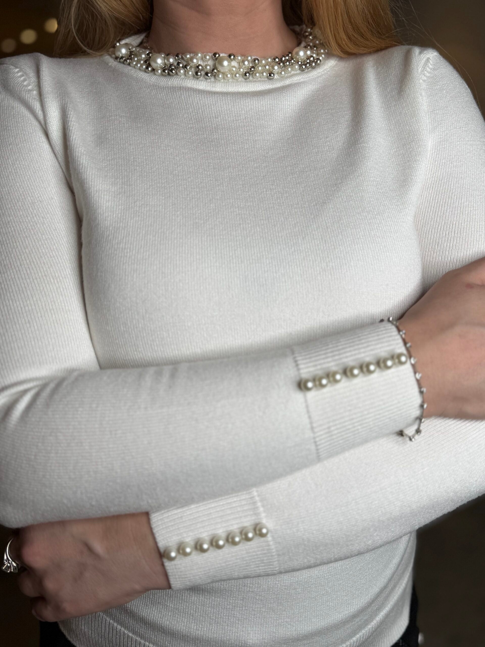 Elegant White Sweater Top with Embellished Collar And Cuffs