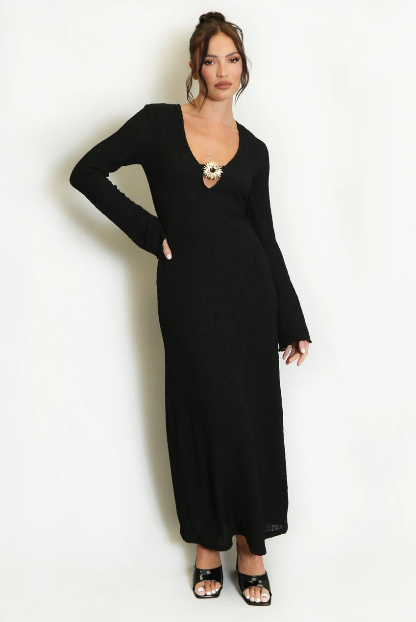 Black Textured V-Neck Maxi Dress with Sun Buckle Detail
