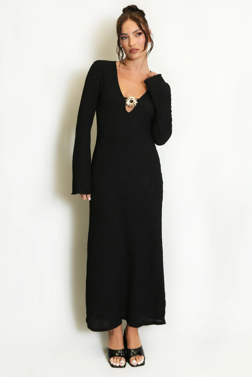 Black Textured V-Neck Maxi Dress with Sun Buckle Detail