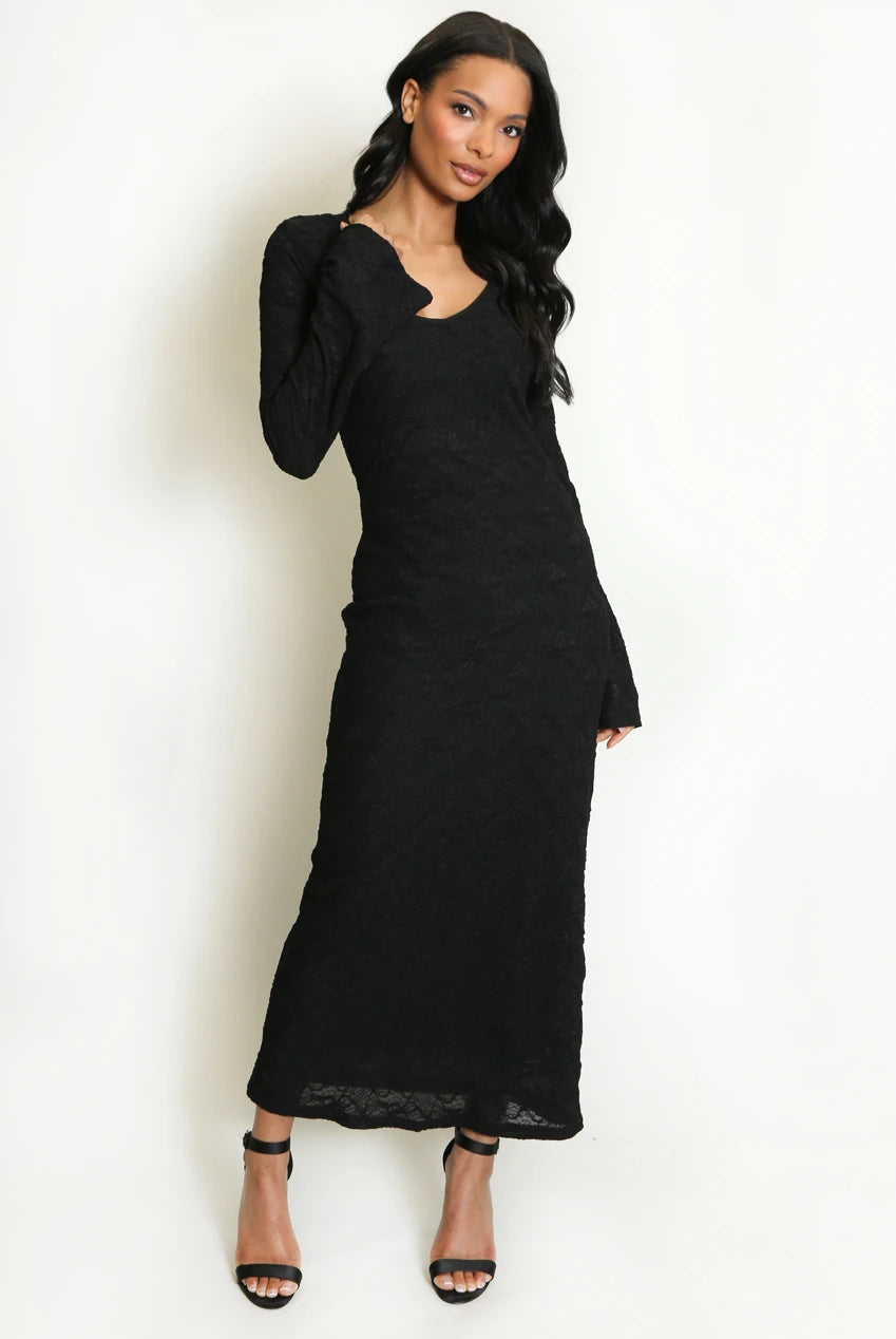 Black Textured Maxi Dress with V-Neck