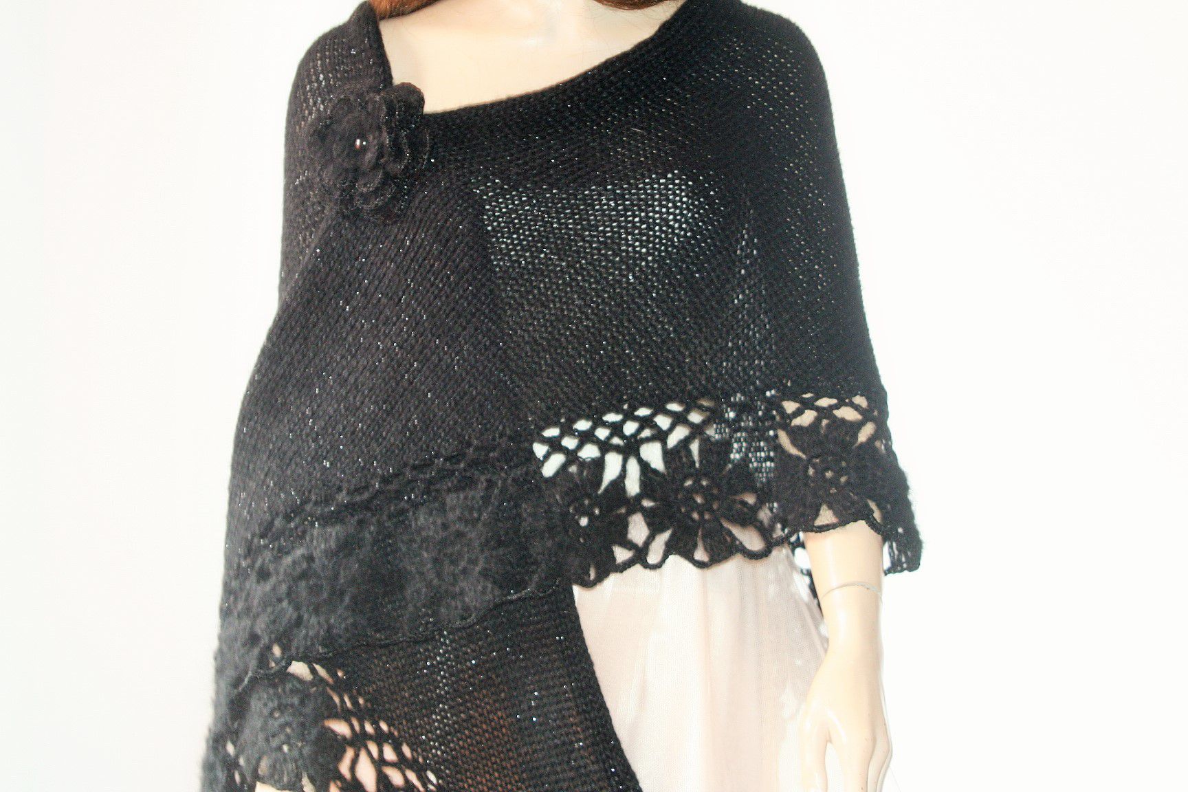 Black Knitted And Crocheted Shawl