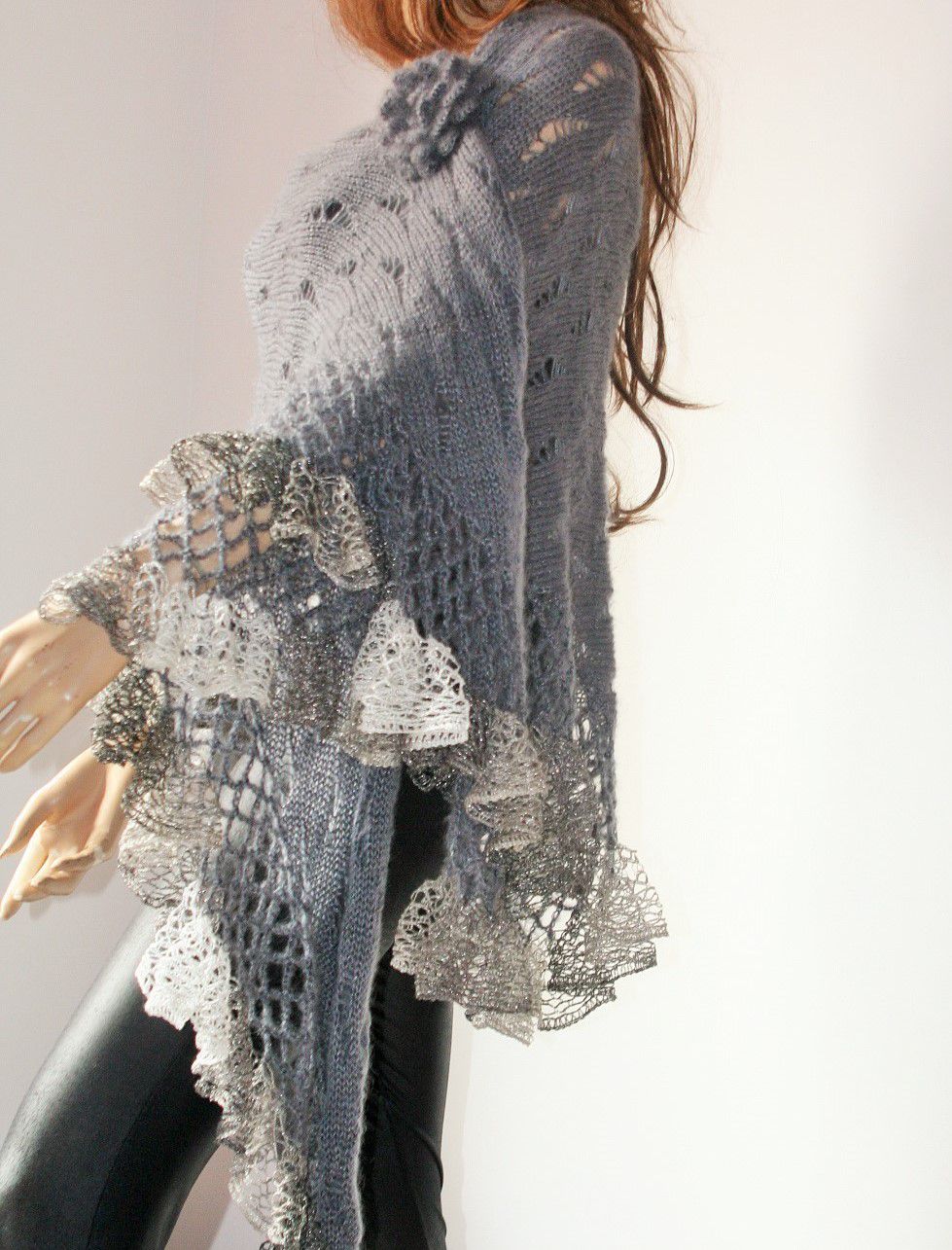 Gray Knitted And Crocheted Shawl