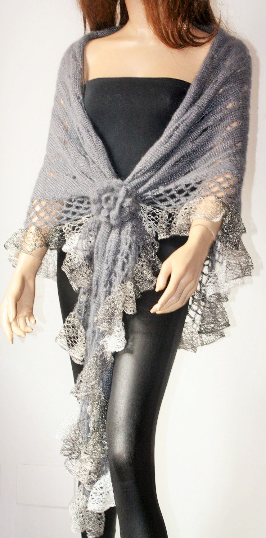 Gray Knitted And Crocheted Shawl