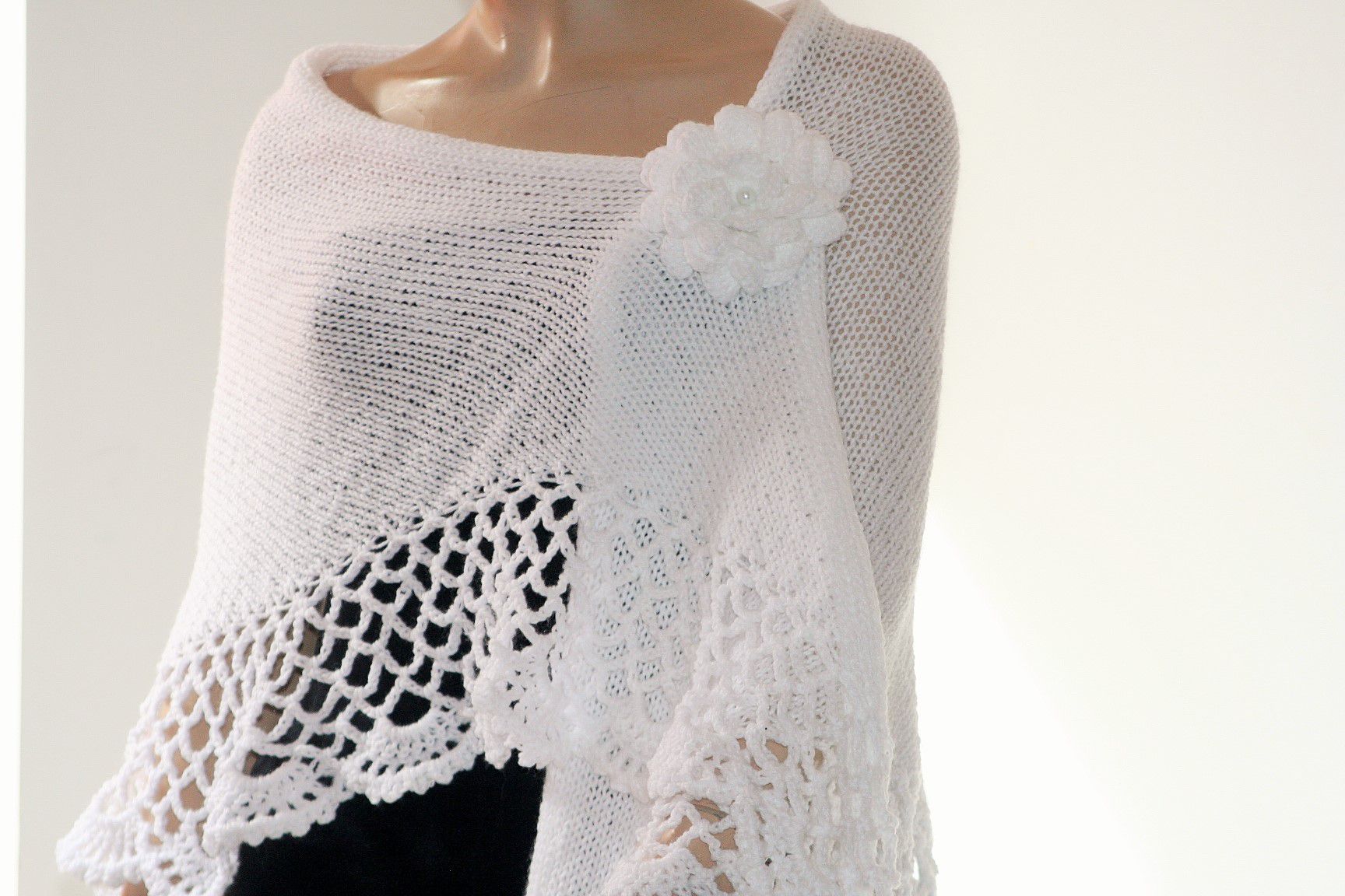 White Knitted And Crocheted Shawl
