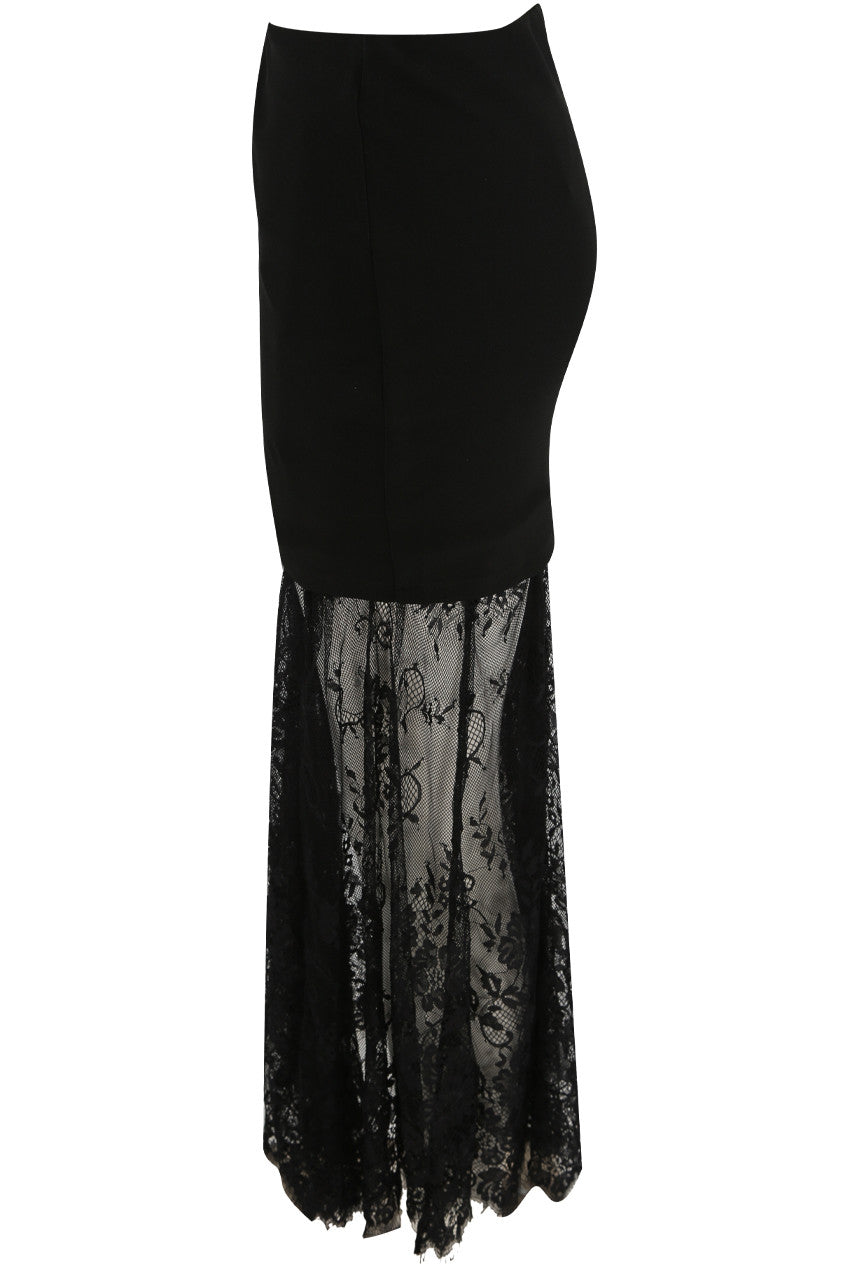 Black Midi Skirt With Lace and Sheer Elegant Flow