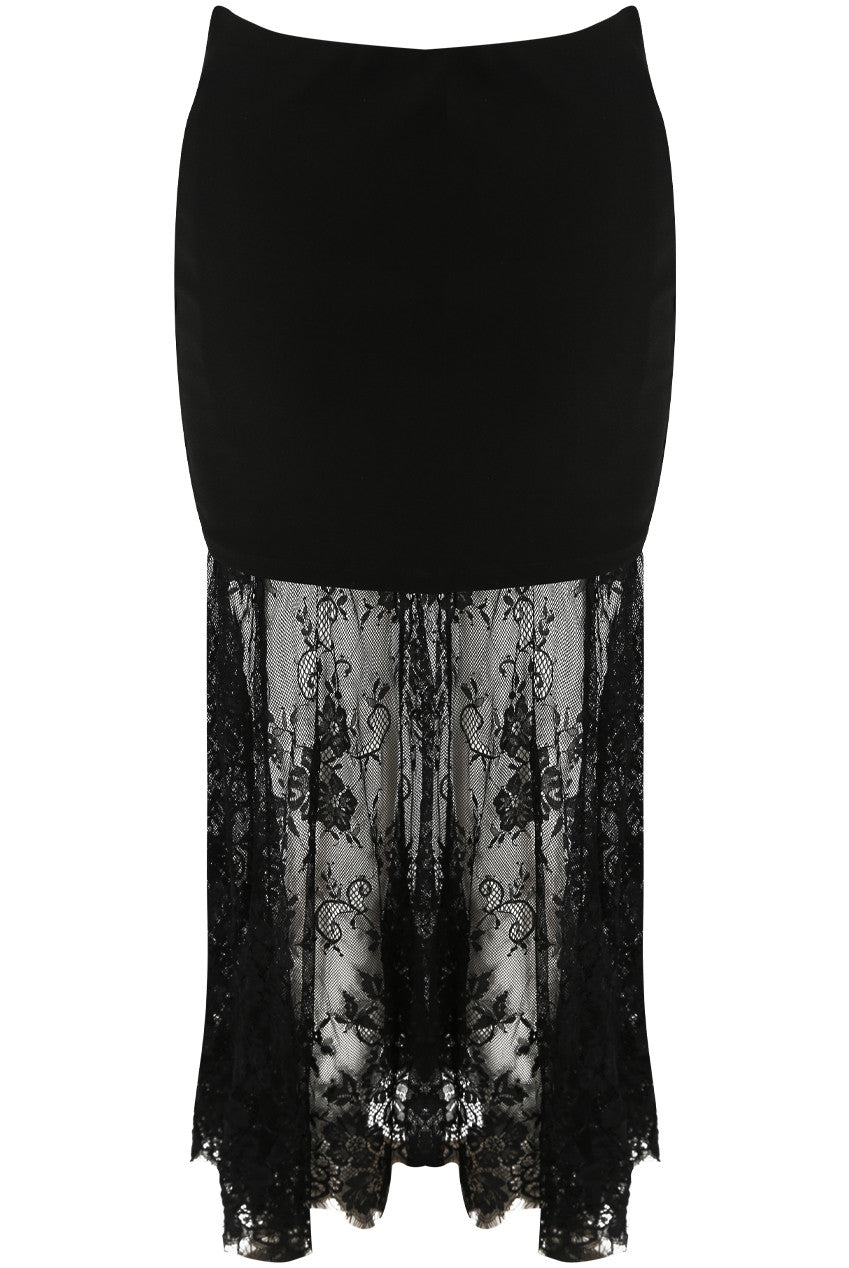 Black Midi Skirt With Lace and Sheer Elegant Flow