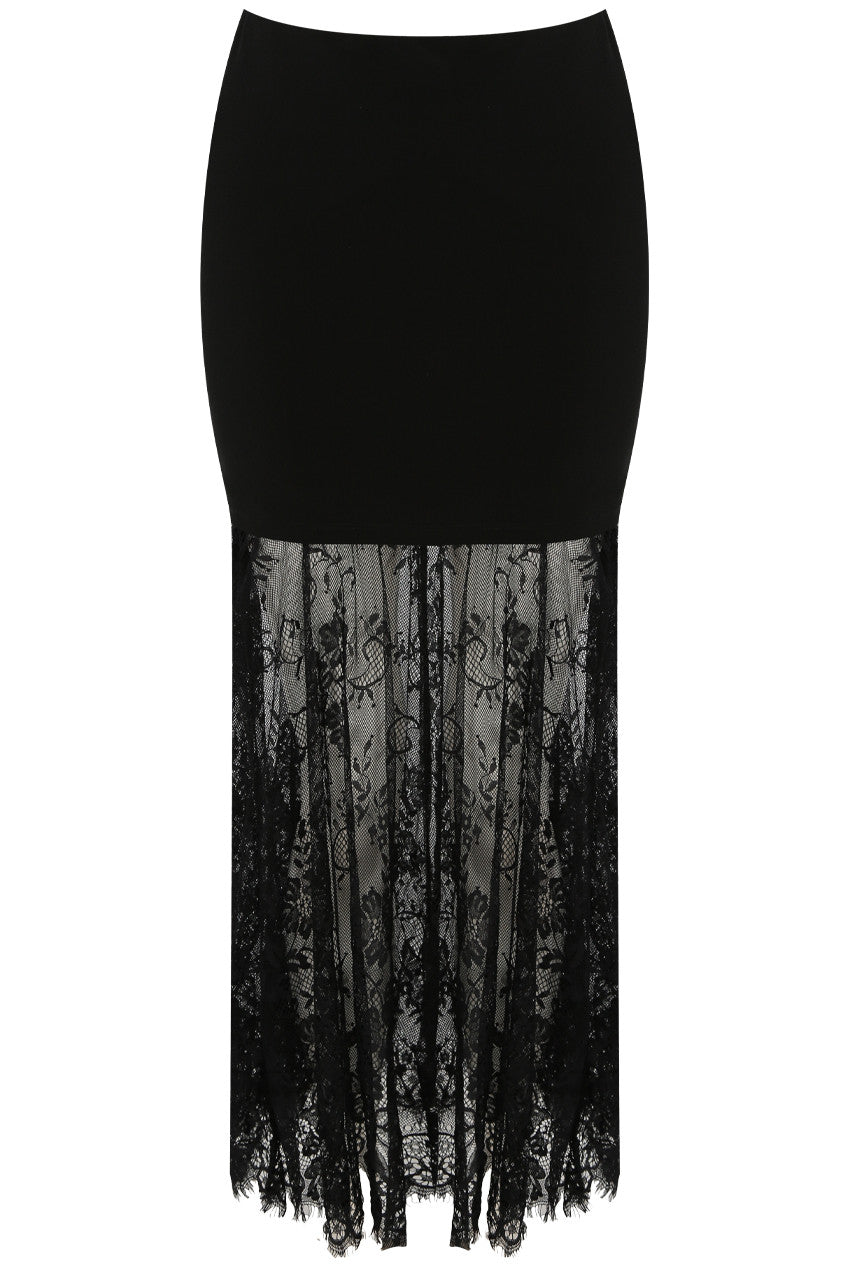 Black Midi Skirt With Lace and Sheer Elegant Flow