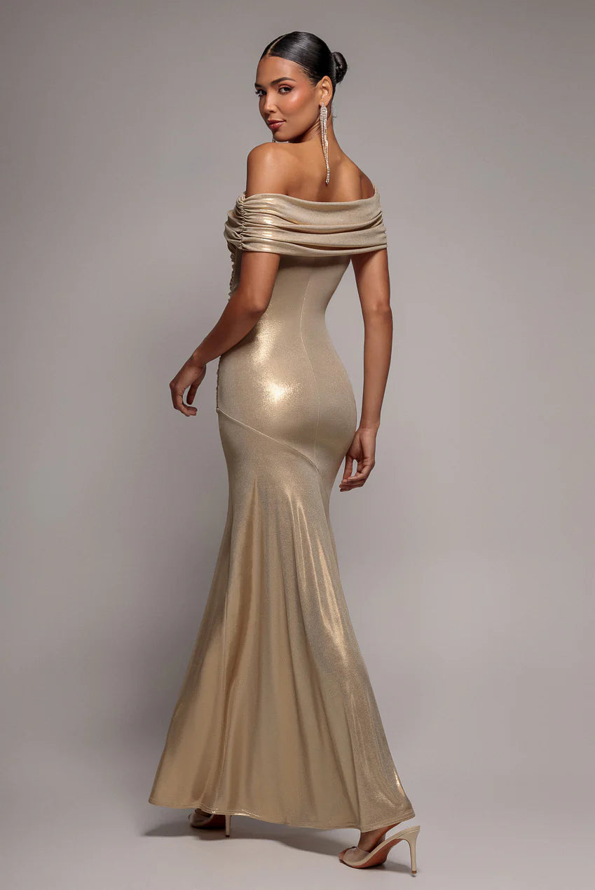 Gold Bardot Foil Maxi Dress – Elegant Off Shoulder Evening Gown