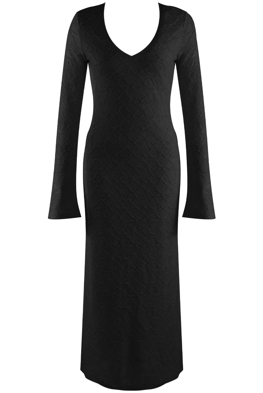 Black Textured Maxi Dress with V-Neck