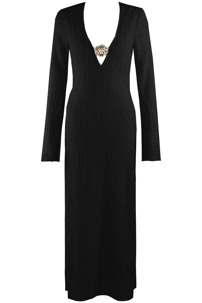 Black Textured V-Neck Maxi Dress with Sun Buckle Detail