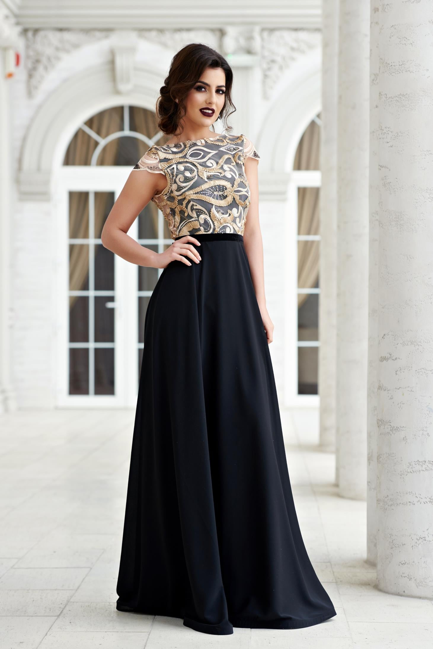 Black laced evening bareback dress