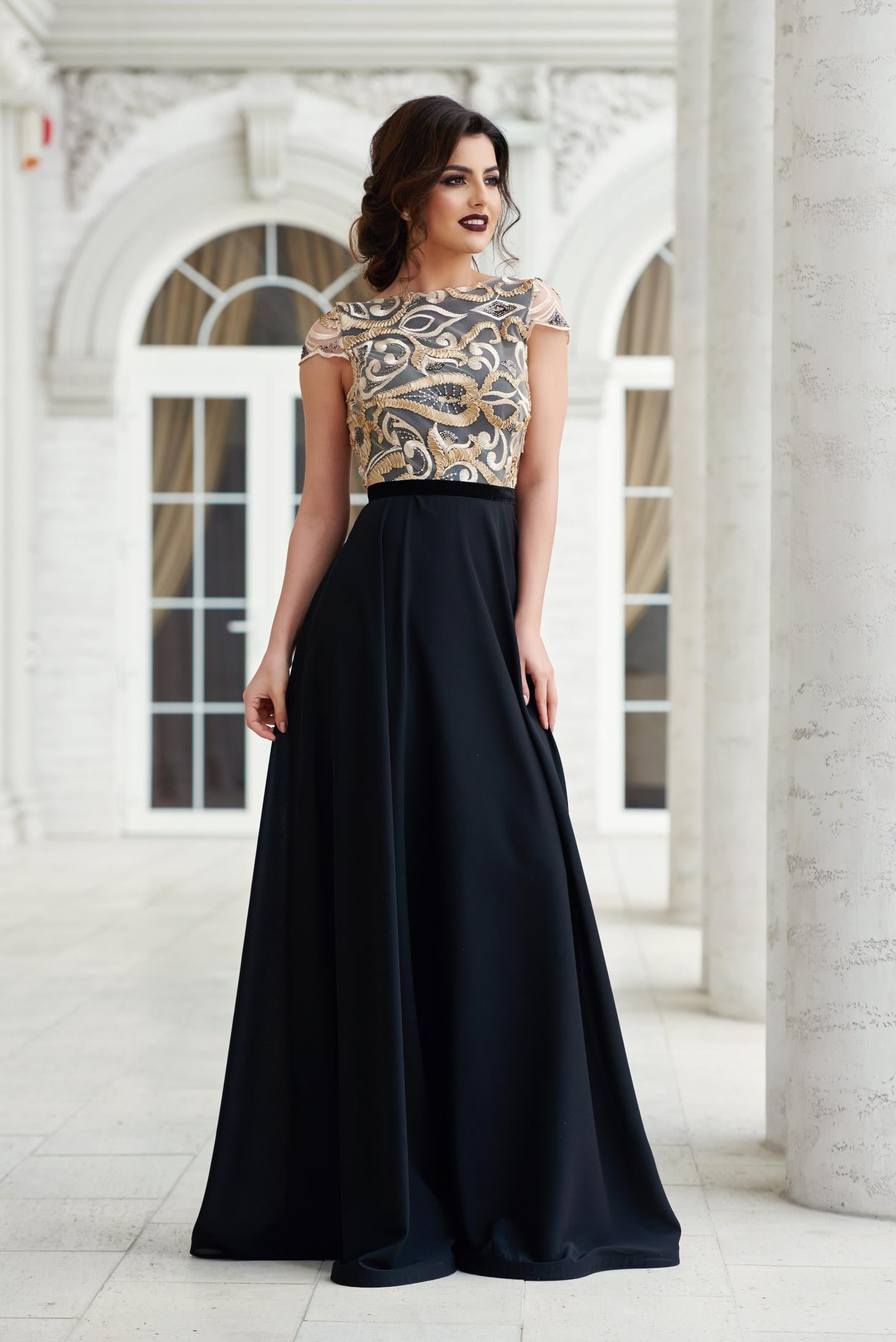 Black laced evening bareback dress