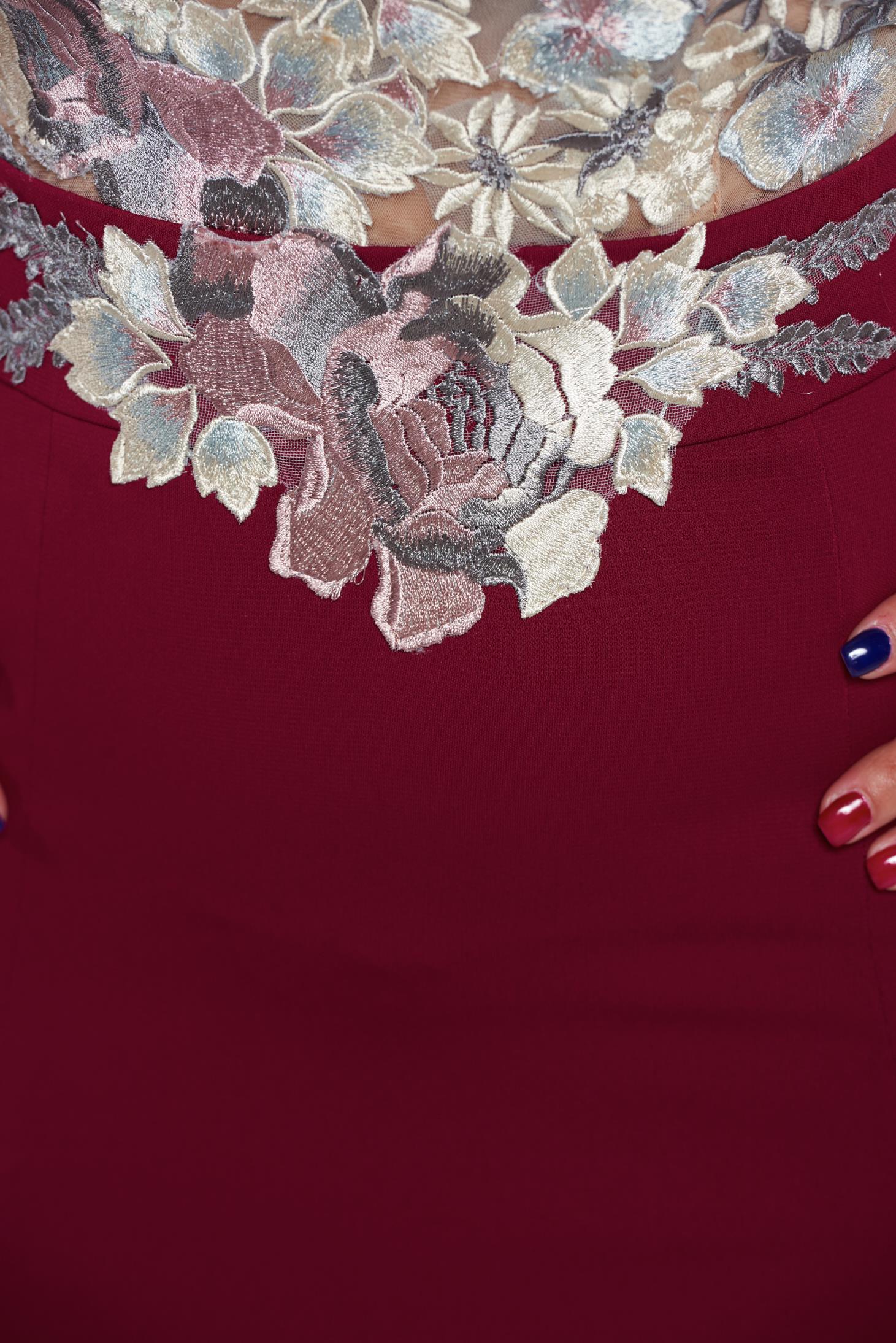 Burgundy embroidered occasional long dress with a cleavage
