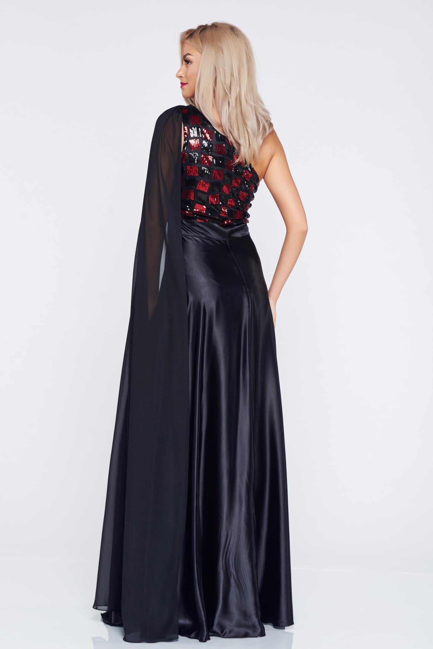 One Shoulder Black Occasional Dress With Satin Fabric Texture