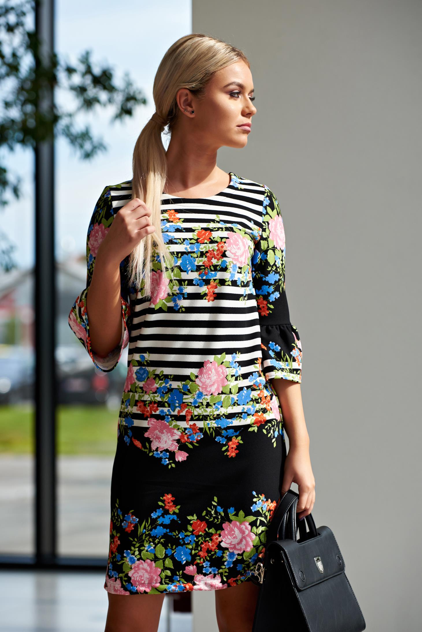 Office Flared Black Dress With Floral Print