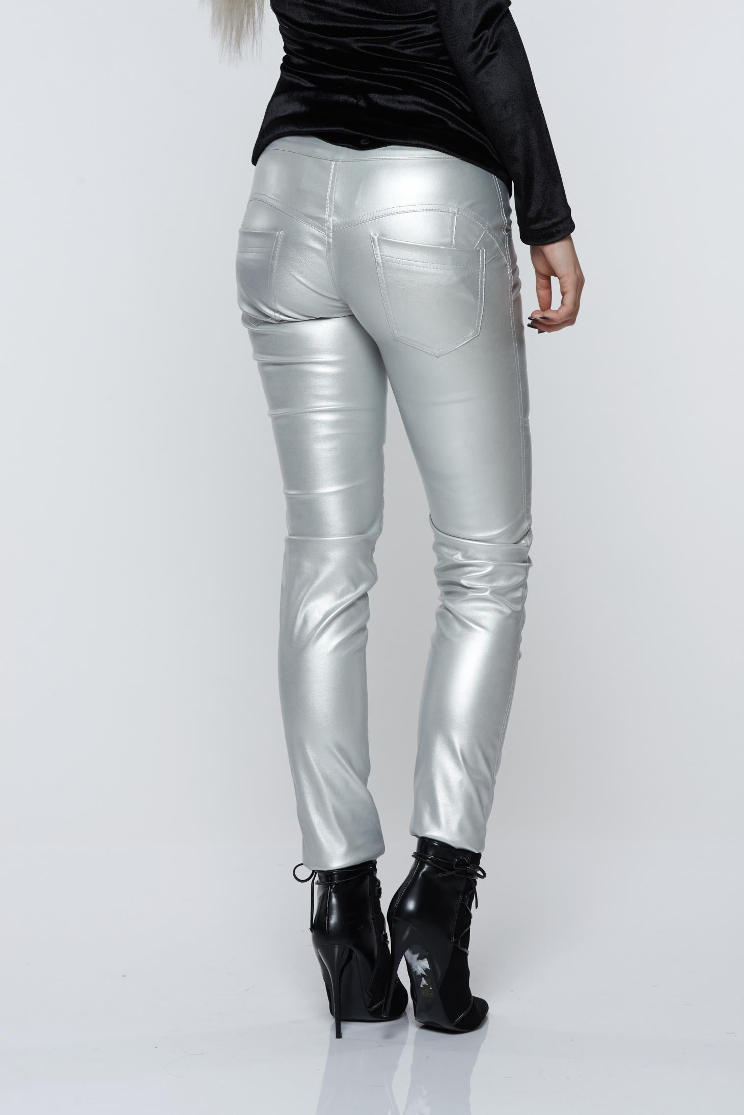 Silver Trousers Casual With Metallic Aspect And Medium Waist