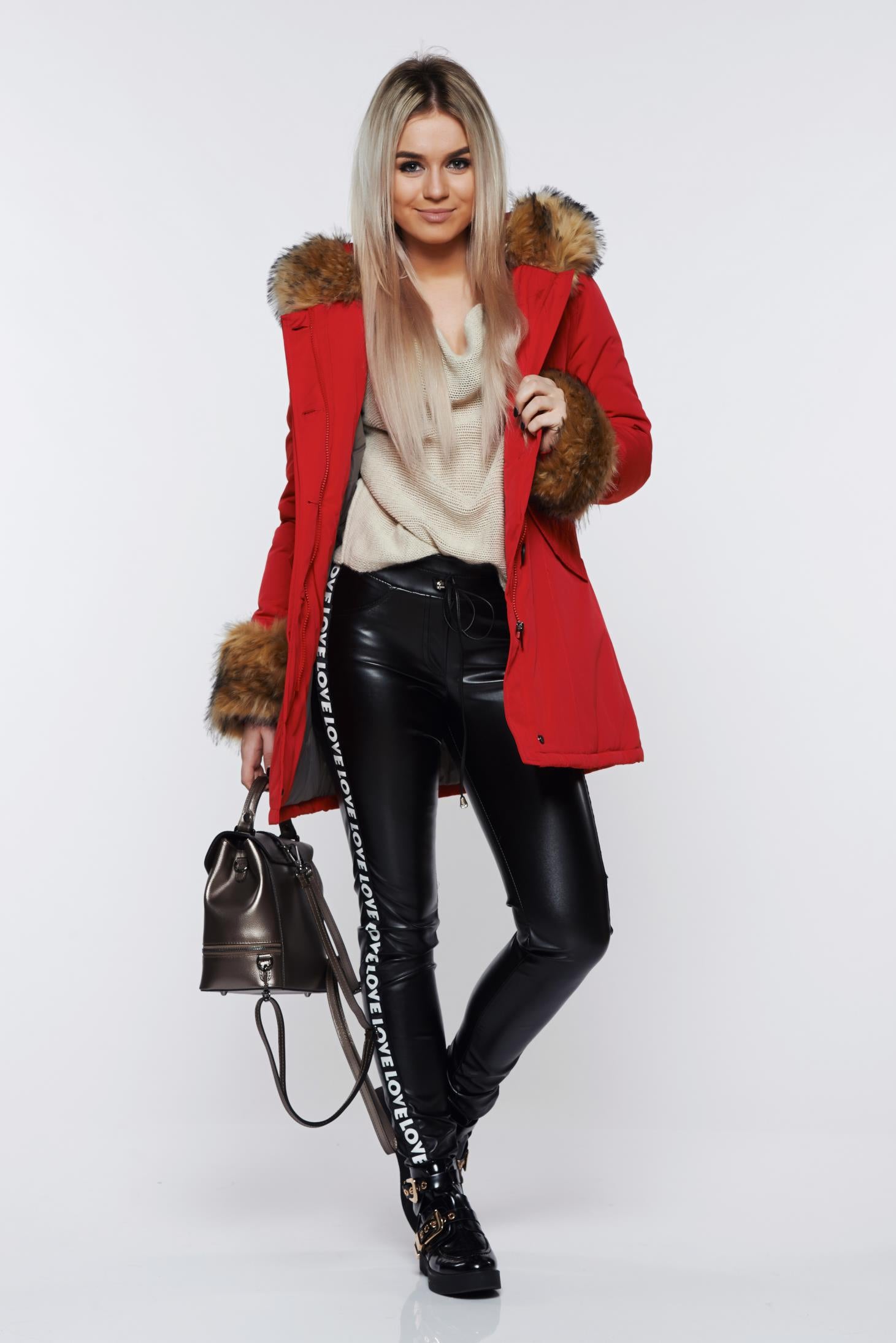 Black Trousers Casual With Medium Waist Of Ecological Leather