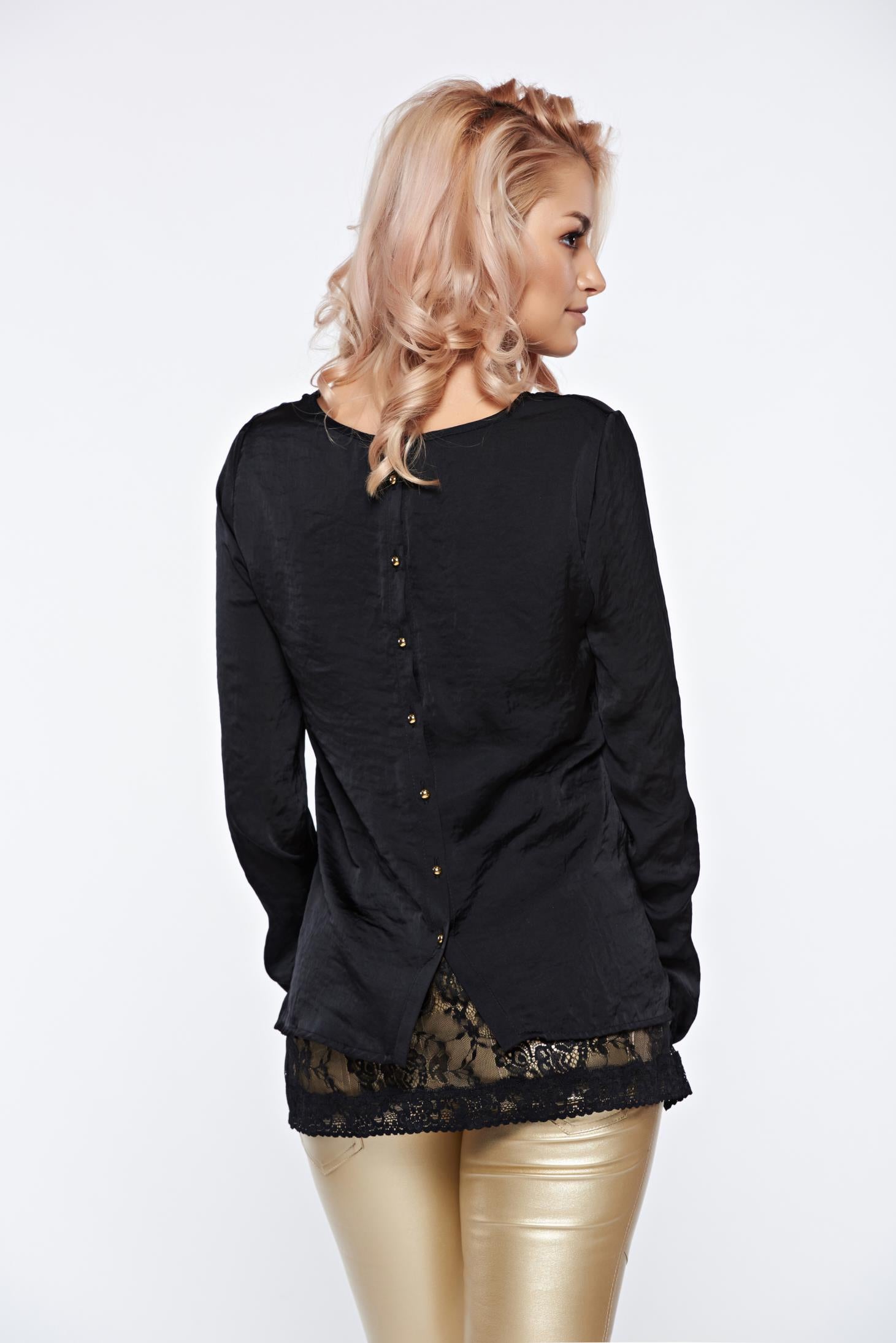 Black Women`s Blouse Elegant Of Satin Fabric Texture Flared