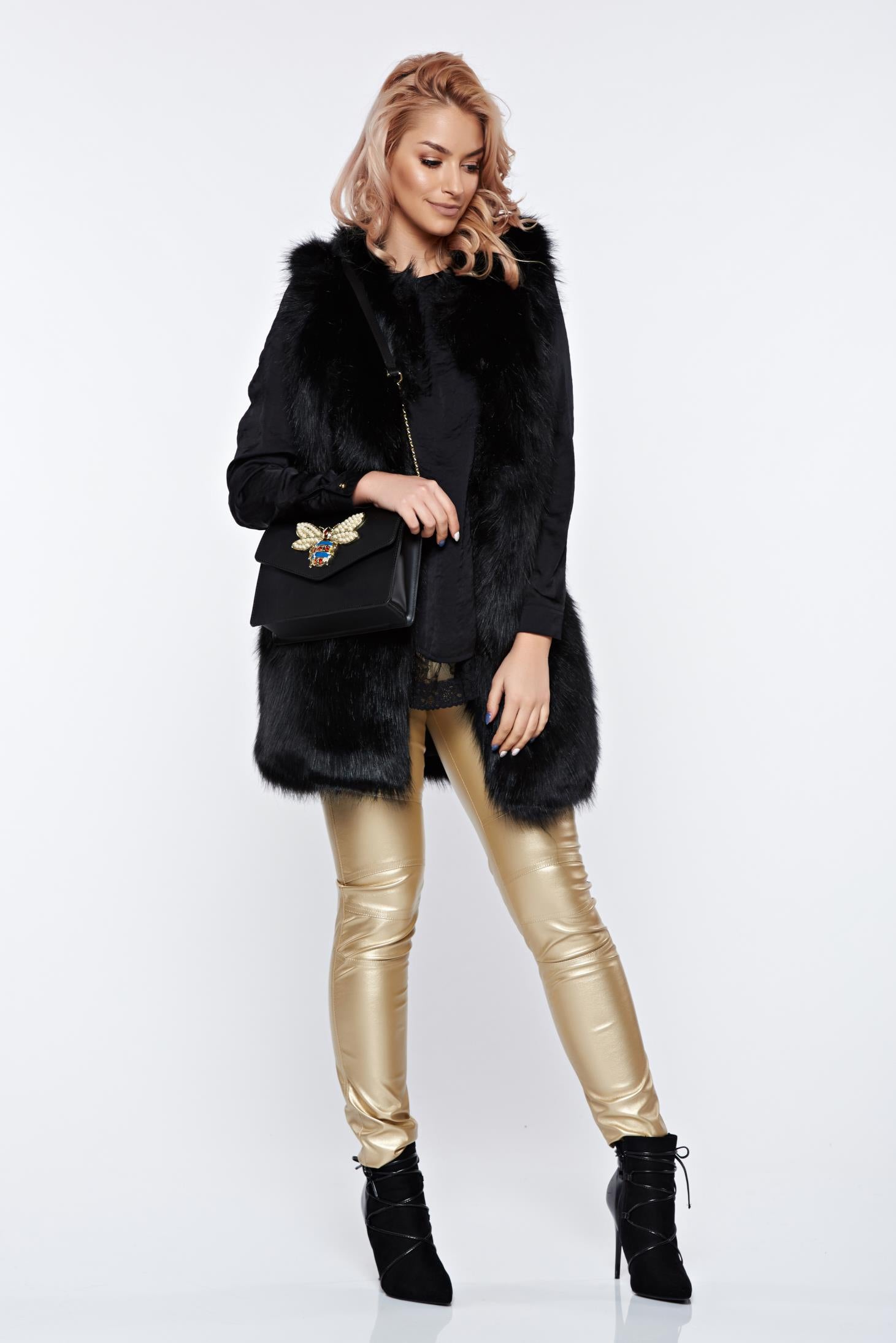 Black Women`s Blouse Elegant Of Satin Fabric Texture Flared