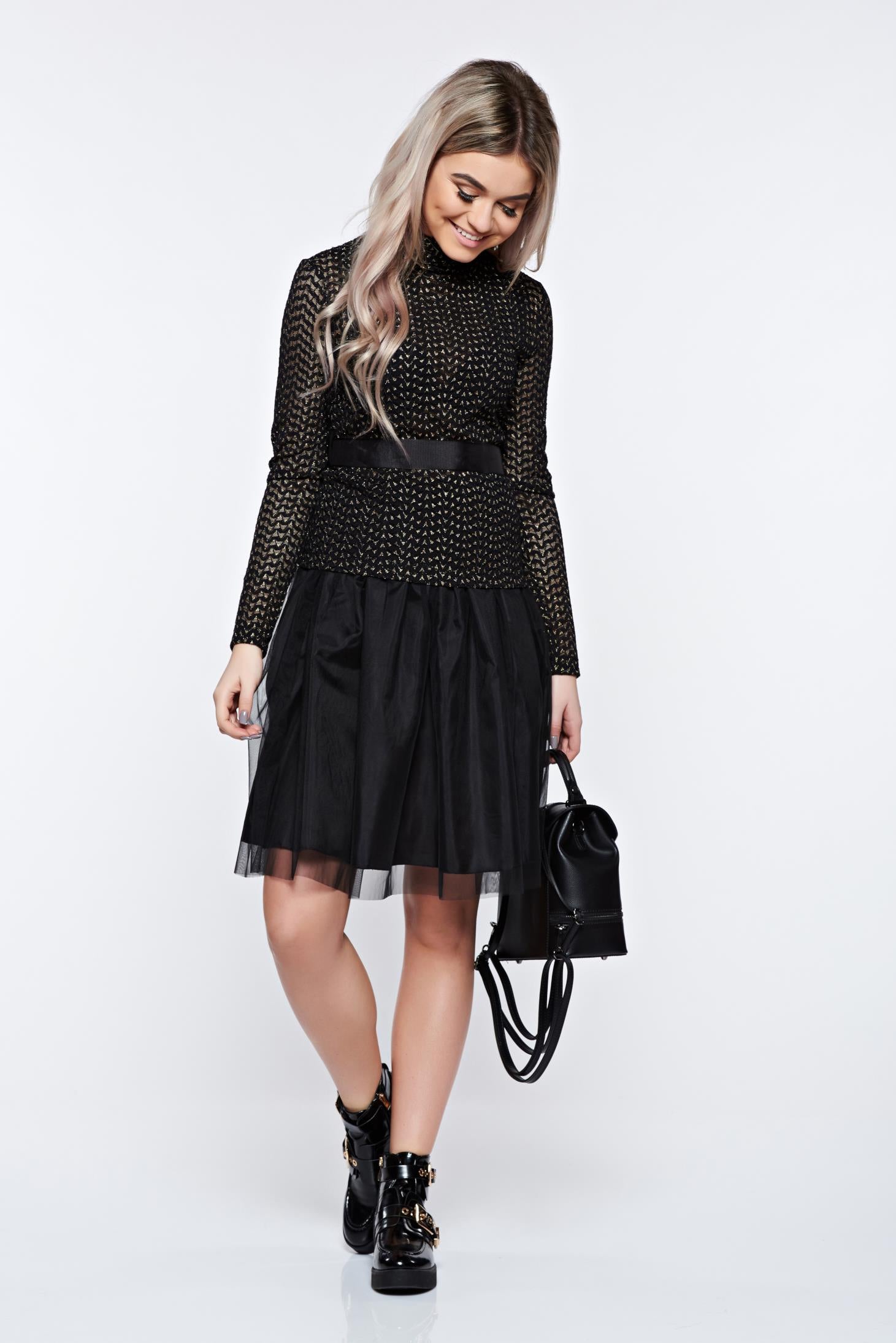 Gold Dress Casual With Turtle Neck Accessorized With Tied Waistband