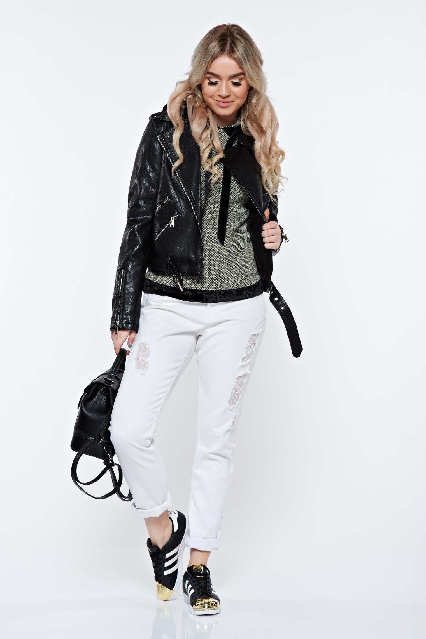 Black Casual Knitted Hoodie With Velvet Insertions
