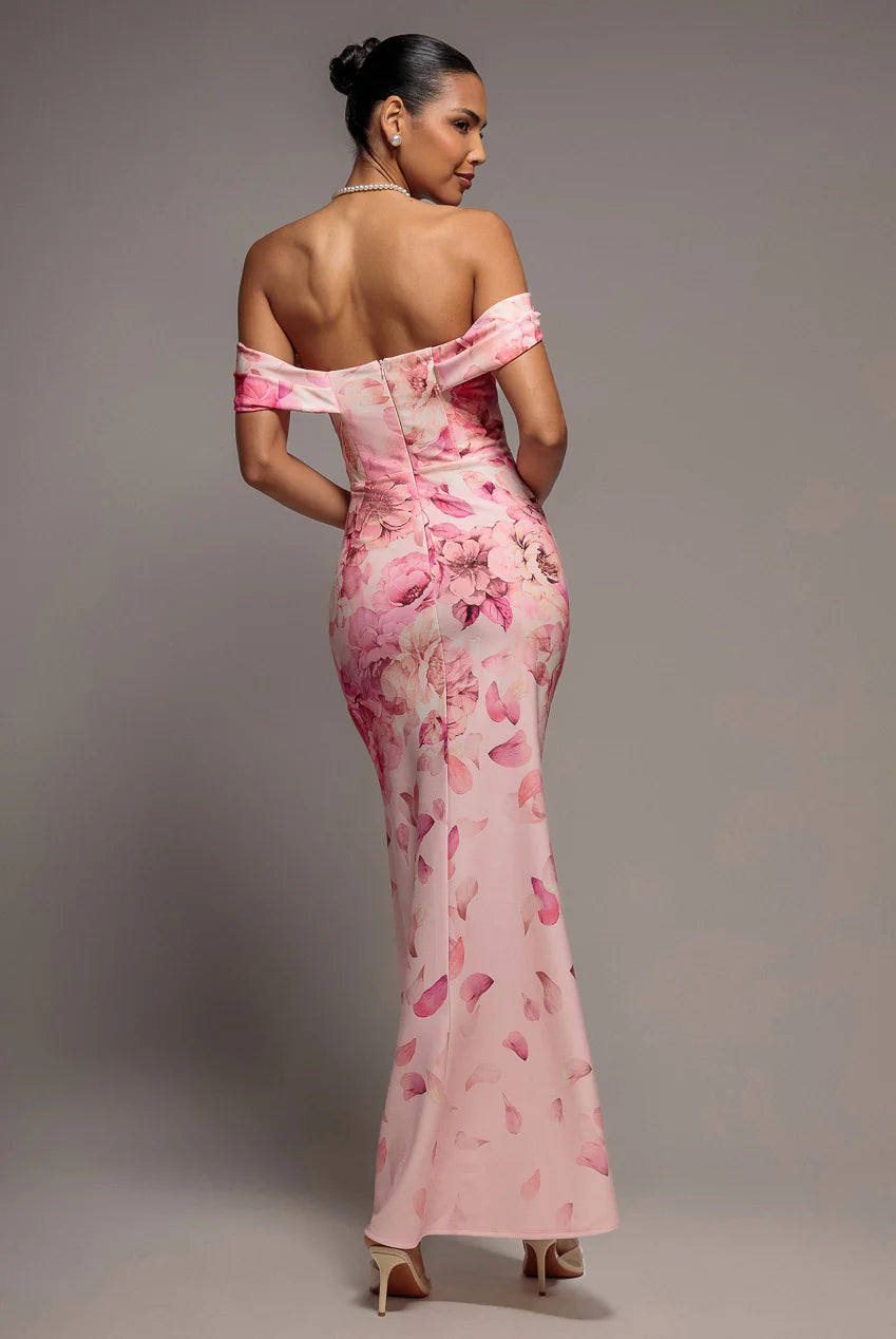 Pink Floral Maxi Dress – Elegant Bardot Off Shoulder Evening Dress
