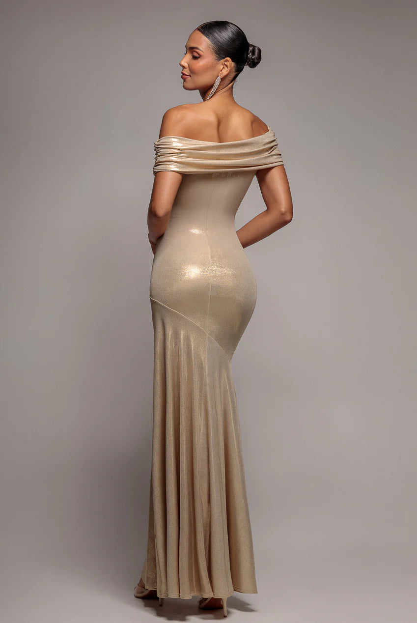 Gold Bardot Foil Maxi Dress – Elegant Off Shoulder Evening Gown