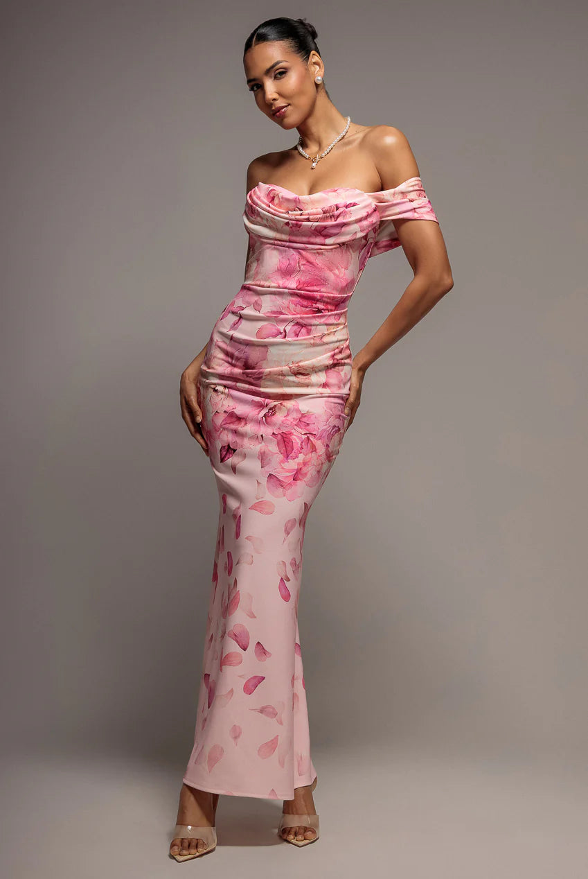 Pink Floral Maxi Dress – Elegant Bardot Off Shoulder Evening Dress