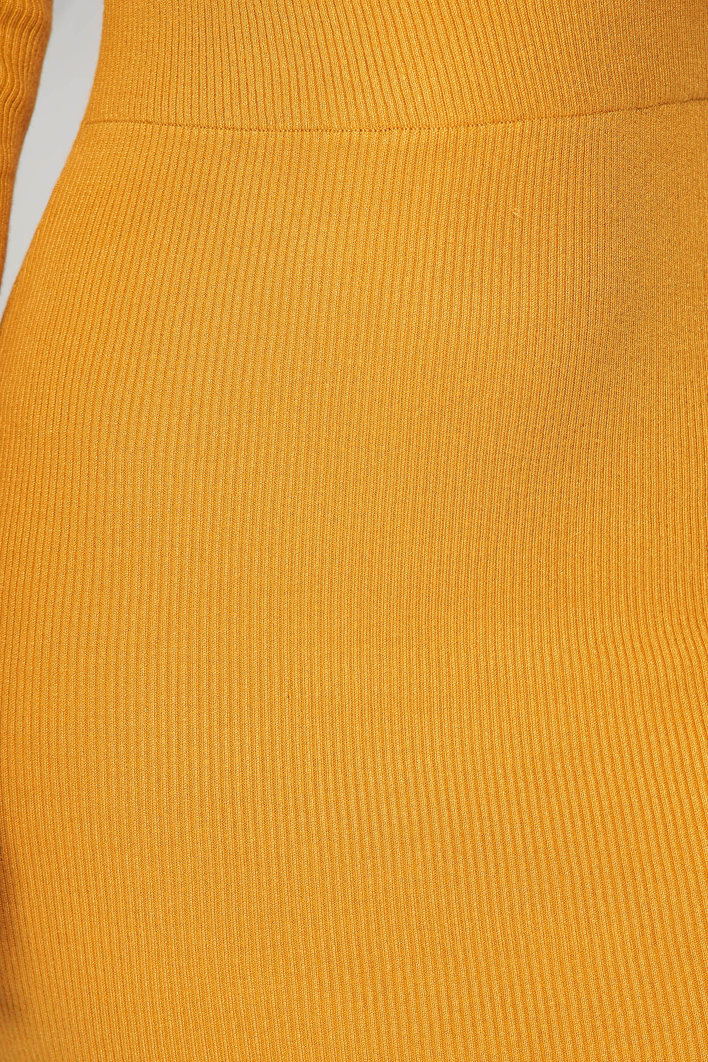 Mustard Dress Knitted From Elastic And Fine Fabric From Striped Fabric Pencil With Lace Details